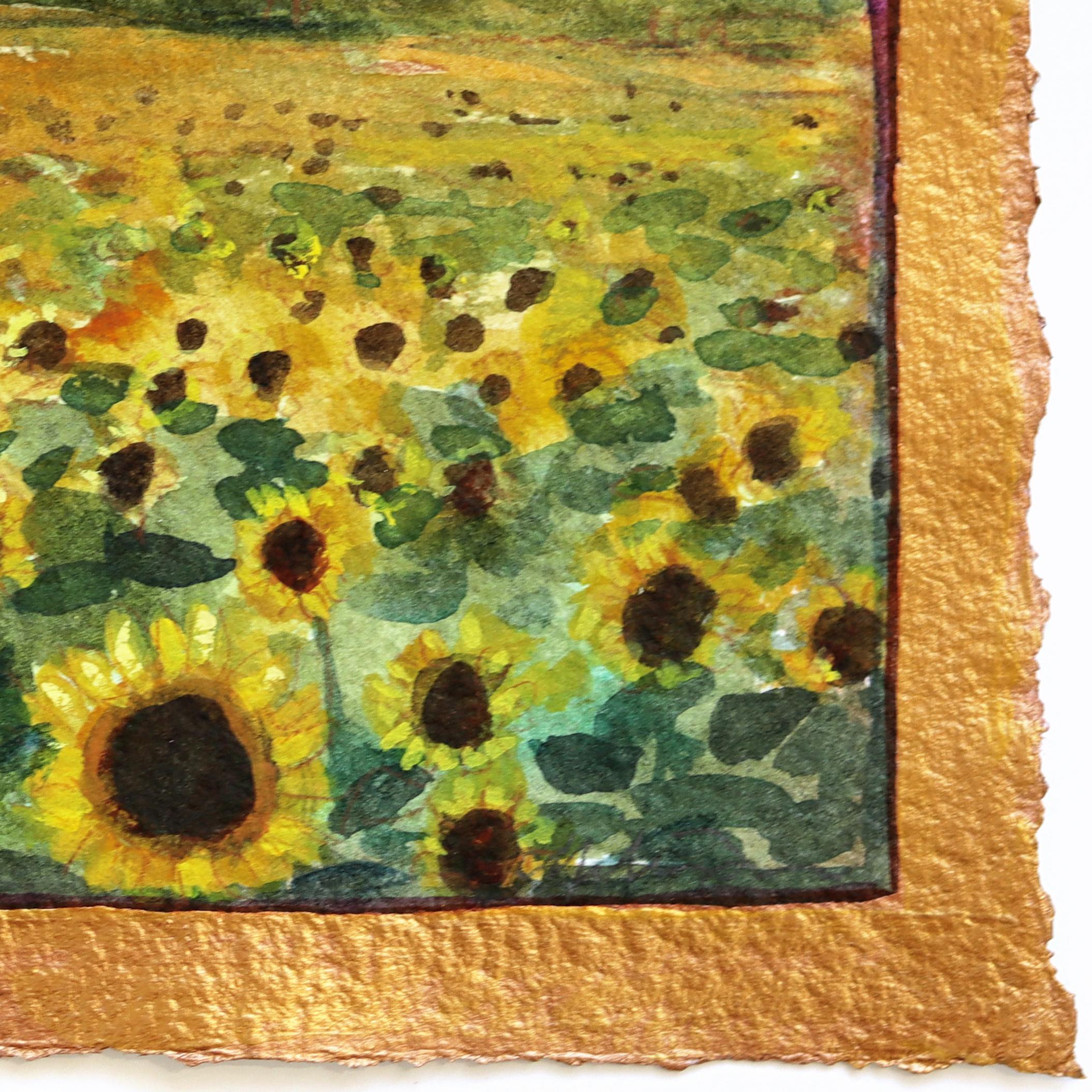 Sonne küsst die Blume - Original farbenfrohe weite Landschaft Ölgemälde auf Papier (Gold), Landscape Painting, von Michaela Jean