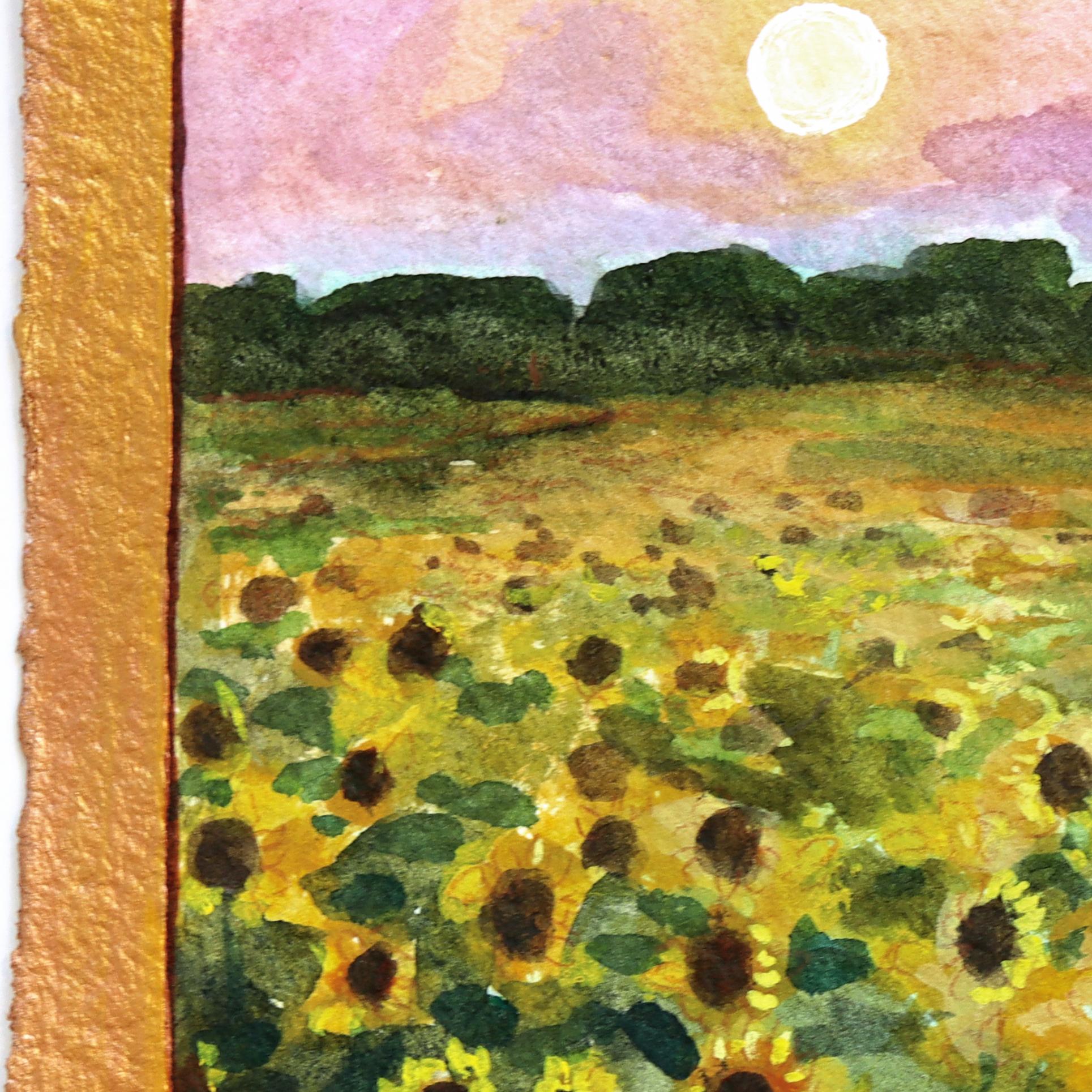 Sonne küsst die Blume - Original farbenfrohe weite Landschaft Ölgemälde auf Papier im Angebot 1