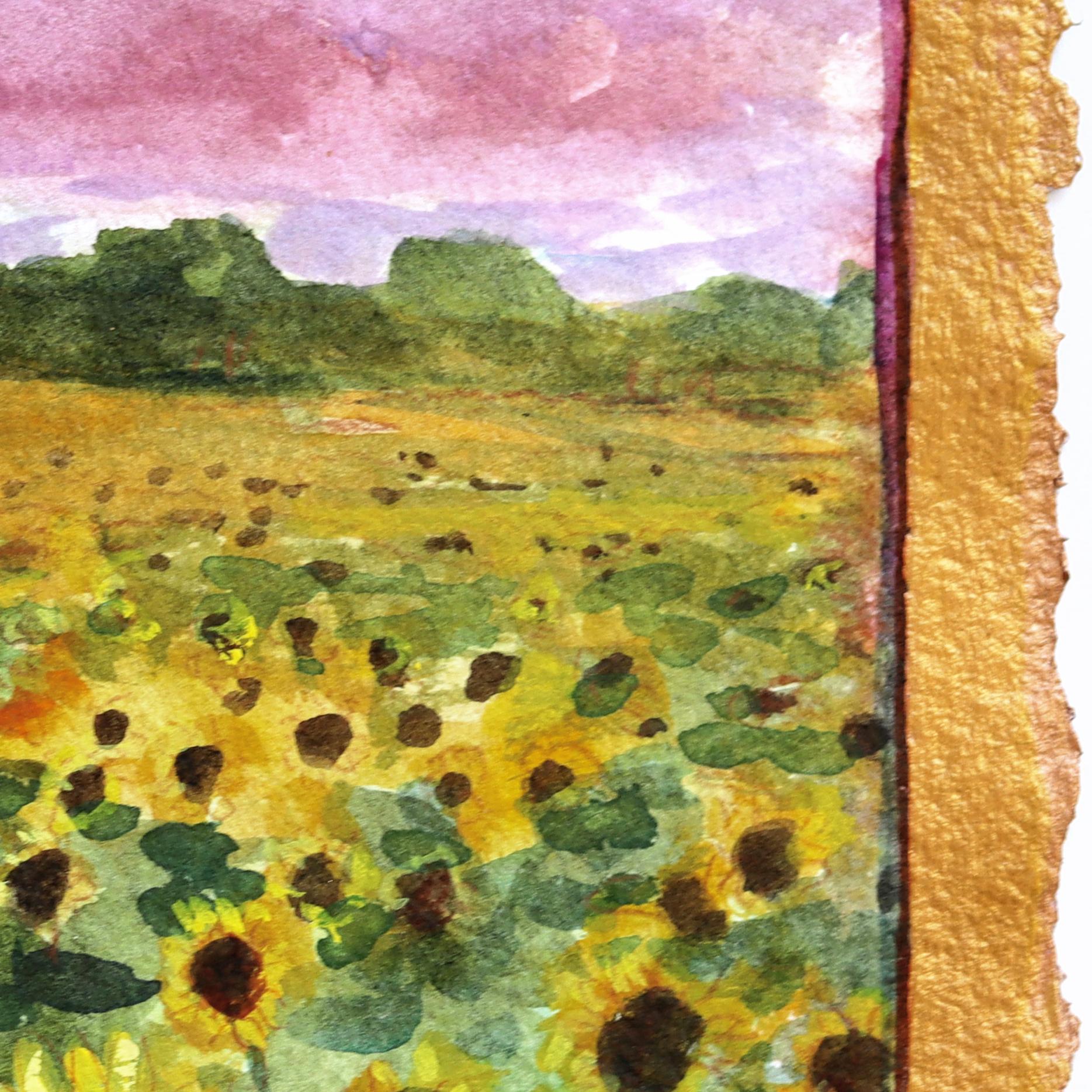 Sonne küsst die Blume - Original farbenfrohe weite Landschaft Ölgemälde auf Papier im Angebot 2