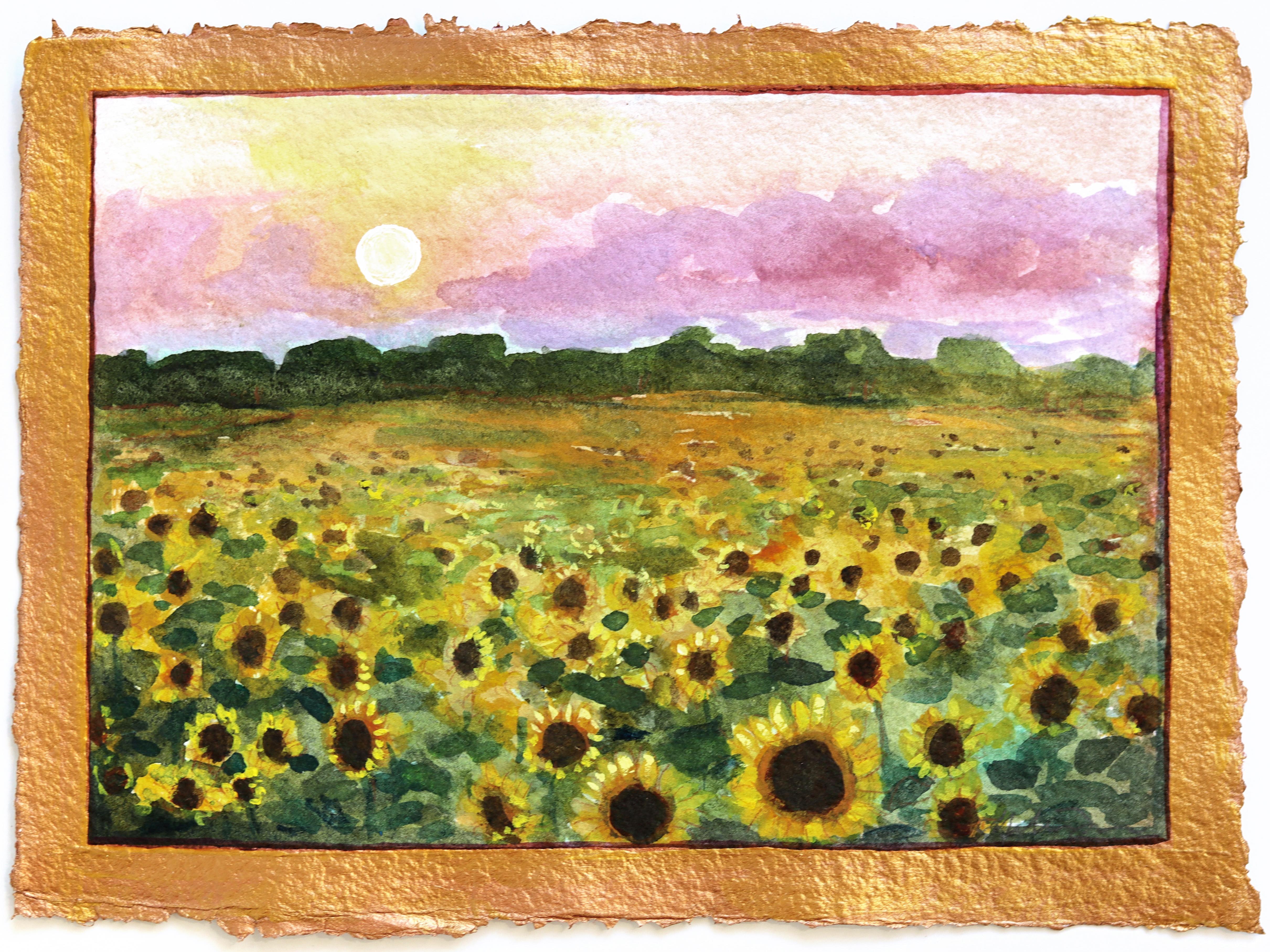 Michaela Jean Landscape Painting – Sonne küsst die Blume - Original farbenfrohe weite Landschaft Ölgemälde auf Papier