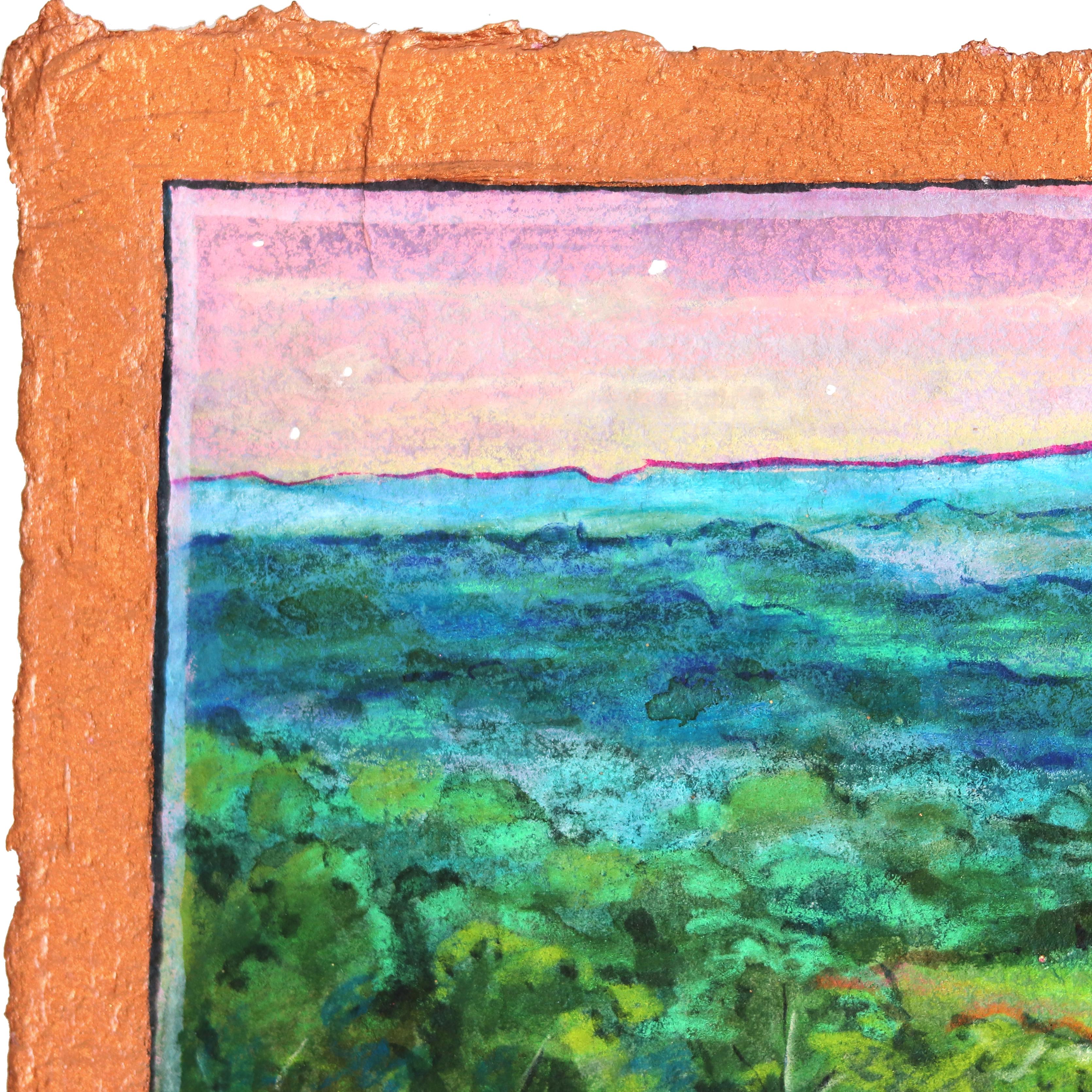 Dämmerung über den Bäumen - Original farbenfrohes Landschaftsbild Ölgemälde auf Papier (Impressionismus), Painting, von Michaela Jean