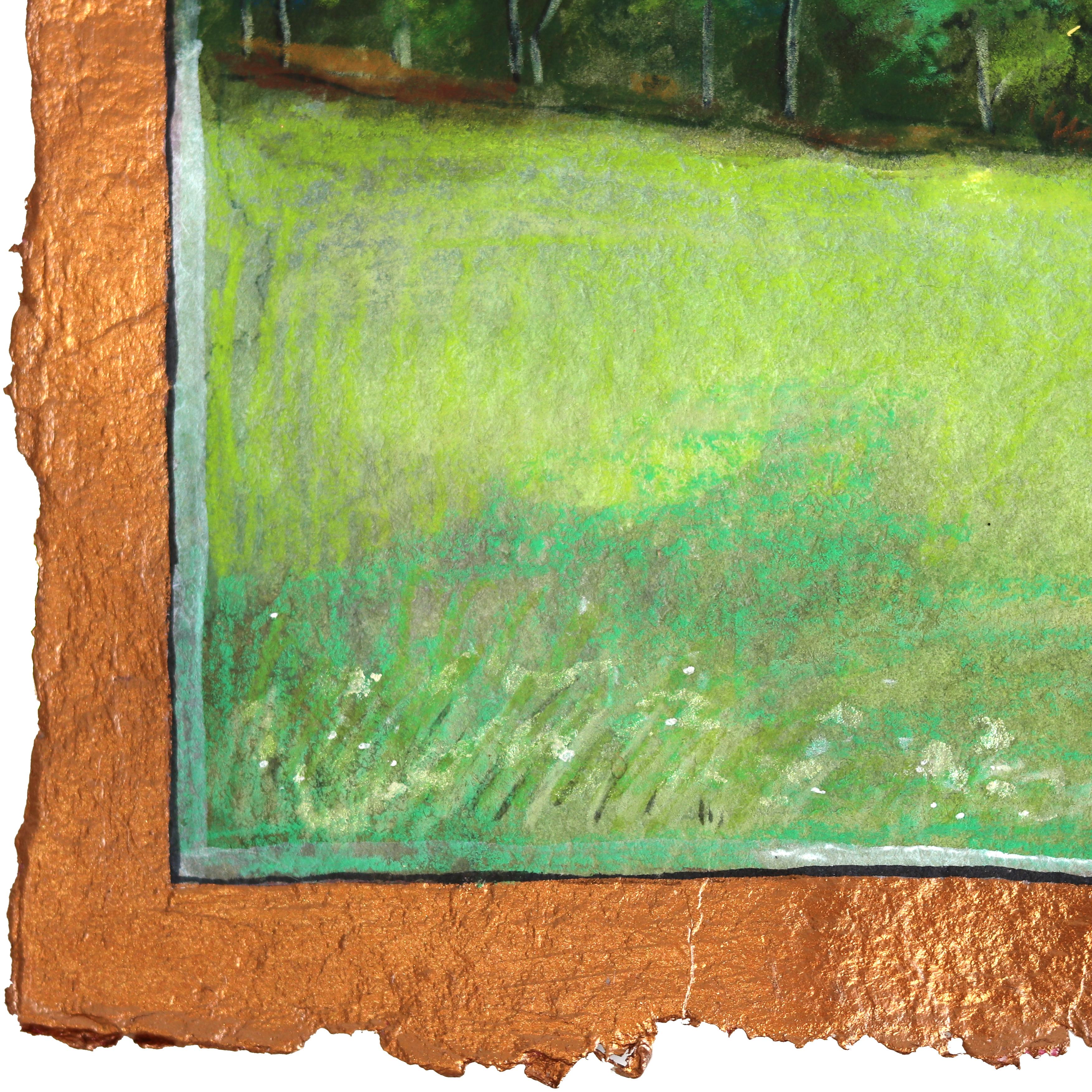 Dämmerung über den Bäumen - Original farbenfrohes Landschaftsbild Ölgemälde auf Papier (Gold), Landscape Painting, von Michaela Jean