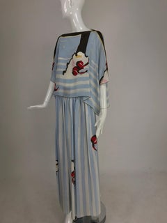 Ensemble jupe et top en soie à rayures bleues et blanches:: imprimé abstrait:: Michaele Vollbracht