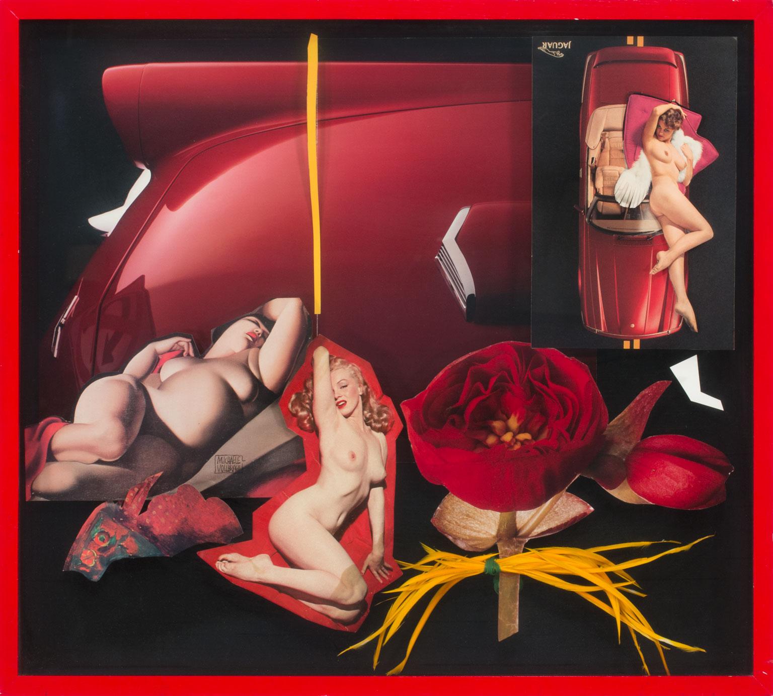 MICHAELE VOLLBRECHT - "PINUPS"
Gemischte Mediencollage ⚜ Signiert unten links ⚜ Roter Schattenboxrahmen

EINE SINNLICHE, SATIRISCHE COLLAGE VON EINEM INSIDER DER MODEWELT
Diese verführerische, mehrschichtige Mixed-Media-Collage von Michaele