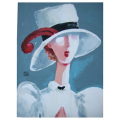 Michaele Vollbracht Rare Stylized Woman Oil Painting c 1980s w 30 x 35.75
