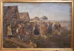 Antique Crowded Scene of Russian Village early 20th century Oil Painting