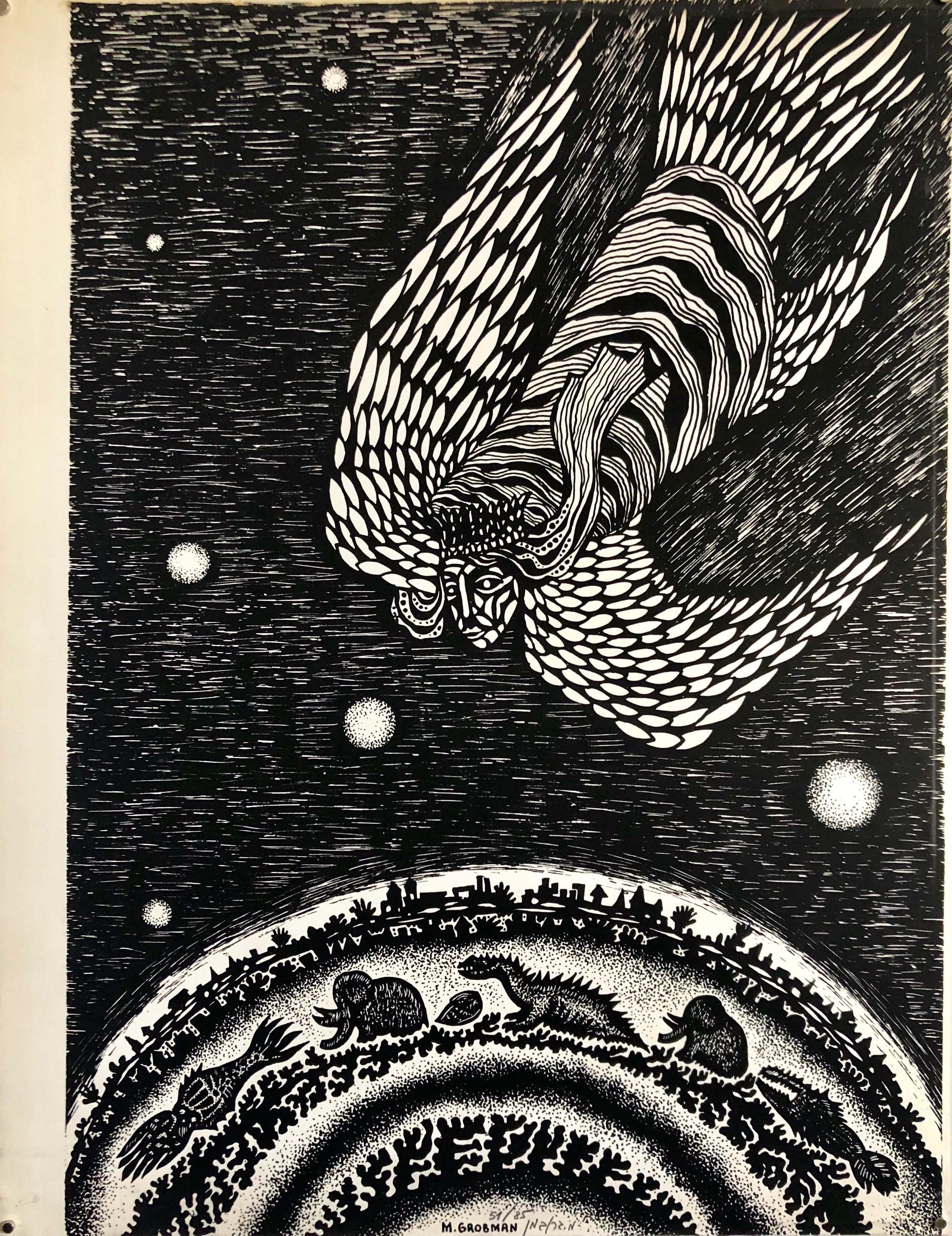 Michail Grobman Animal Print - Large Post Soviet Non Conformist Russian Israeli Angel Lithograph Print