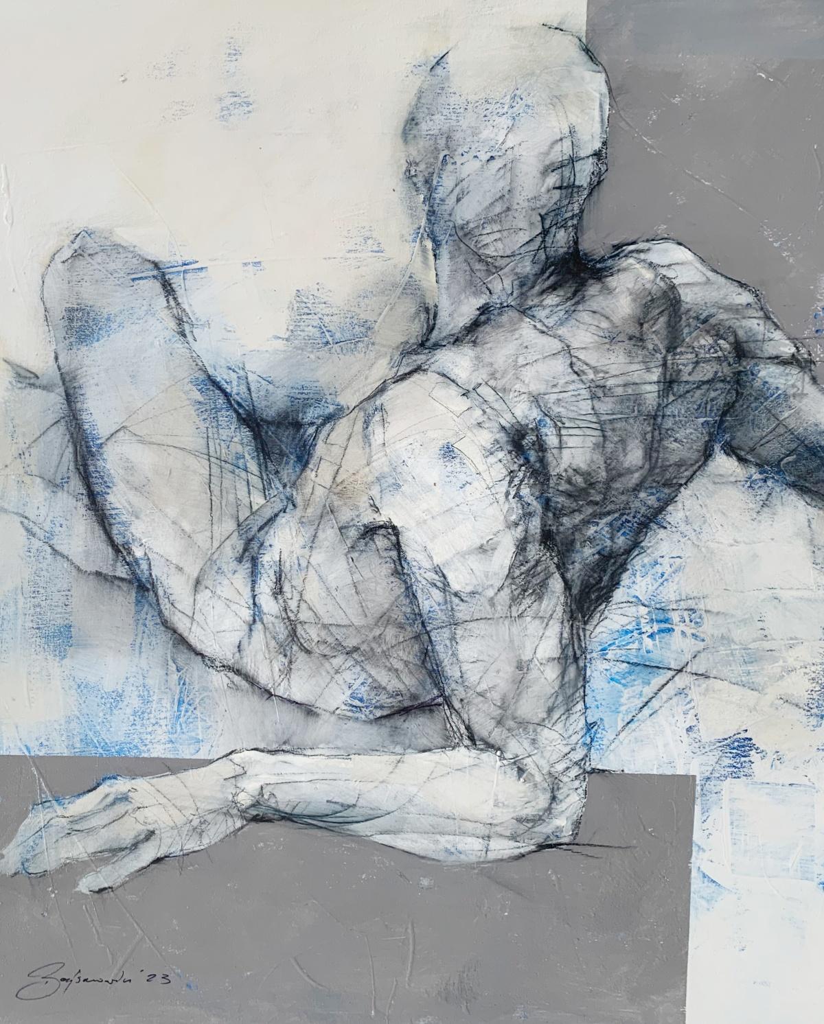 A nude. Acrylic painting, Abstraction, Grey and blue, Polish artist - Gray Nude Painting by Michał Bajsarowicz