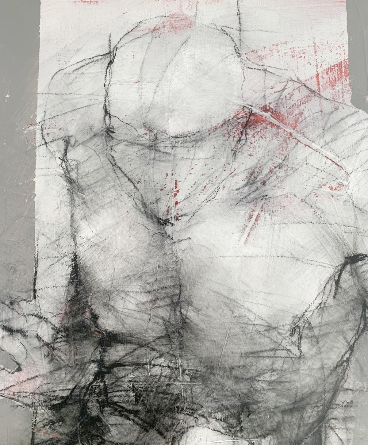 Un nudo. Pittura acrilica, Astrazione, Grigio e rosso, Artista polacco - Painting di Michał Bajsarowicz