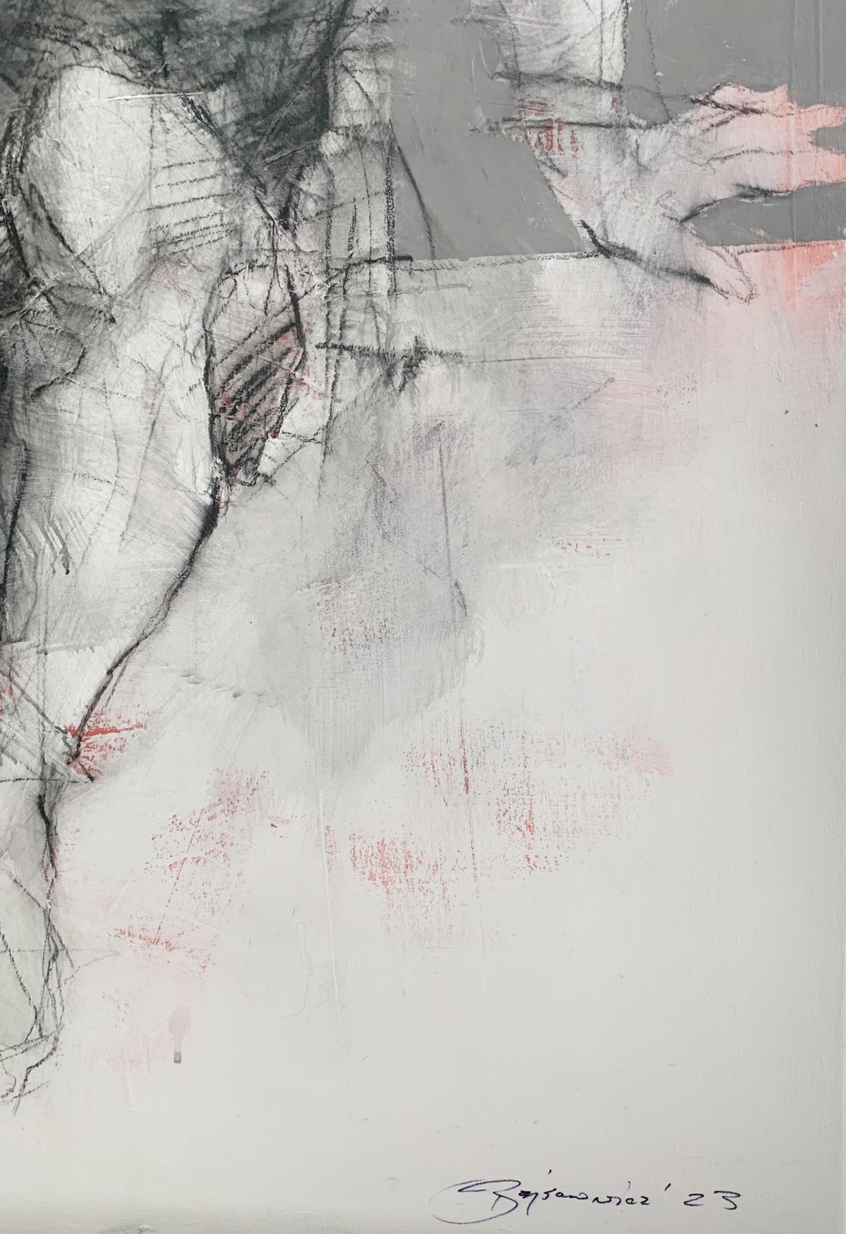 Un nudo. Pittura acrilica, Astrazione, Grigio e rosso, Artista polacco - Painting Contemporaneo di Michał Bajsarowicz