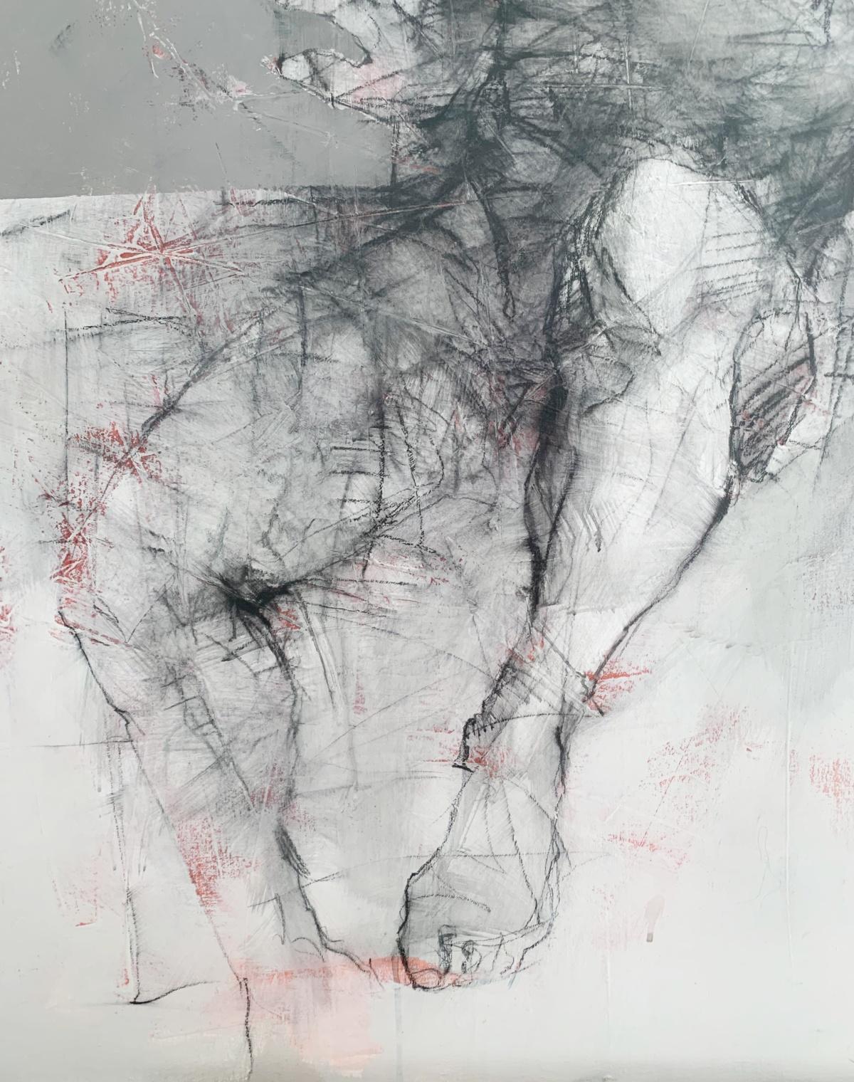 Quadro contemporaneo in acrilico su tela raffigurante un nudo dell'artista polacco Michal Bajsarowicz. L'opera è un'interpretazione artistica del corpo umano con elementi astratti. La composizione è simile a uno schizzo. L'opera d'arte è per lo più