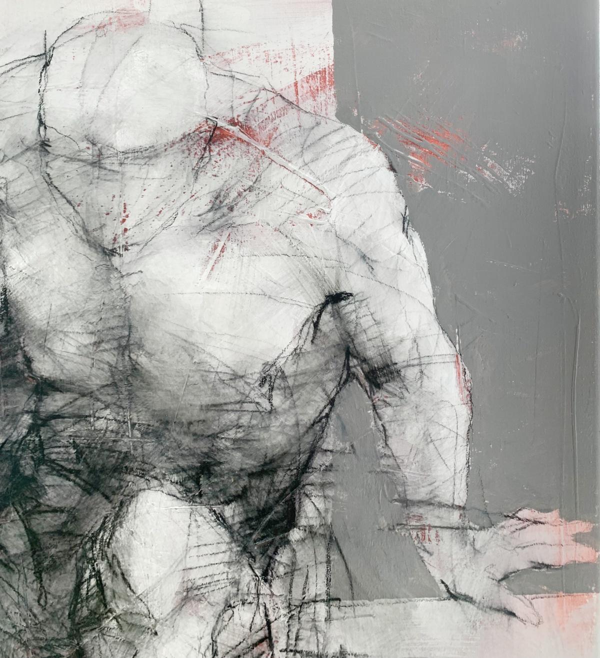 Un nudo. Pittura acrilica, Astrazione, Grigio e rosso, Artista polacco in vendita 1