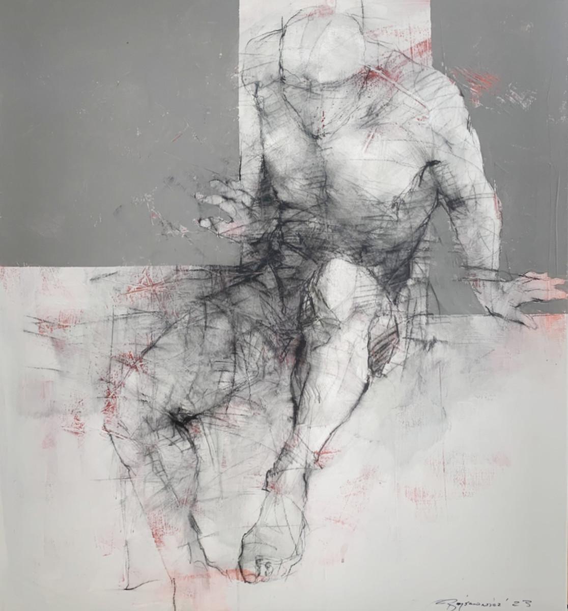 A nude. Acrylic painting, Abstraction, Grey and red, Polish artist