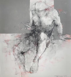 A nude. Acrylic painting, Abstraction, Grey and red, Polish artist