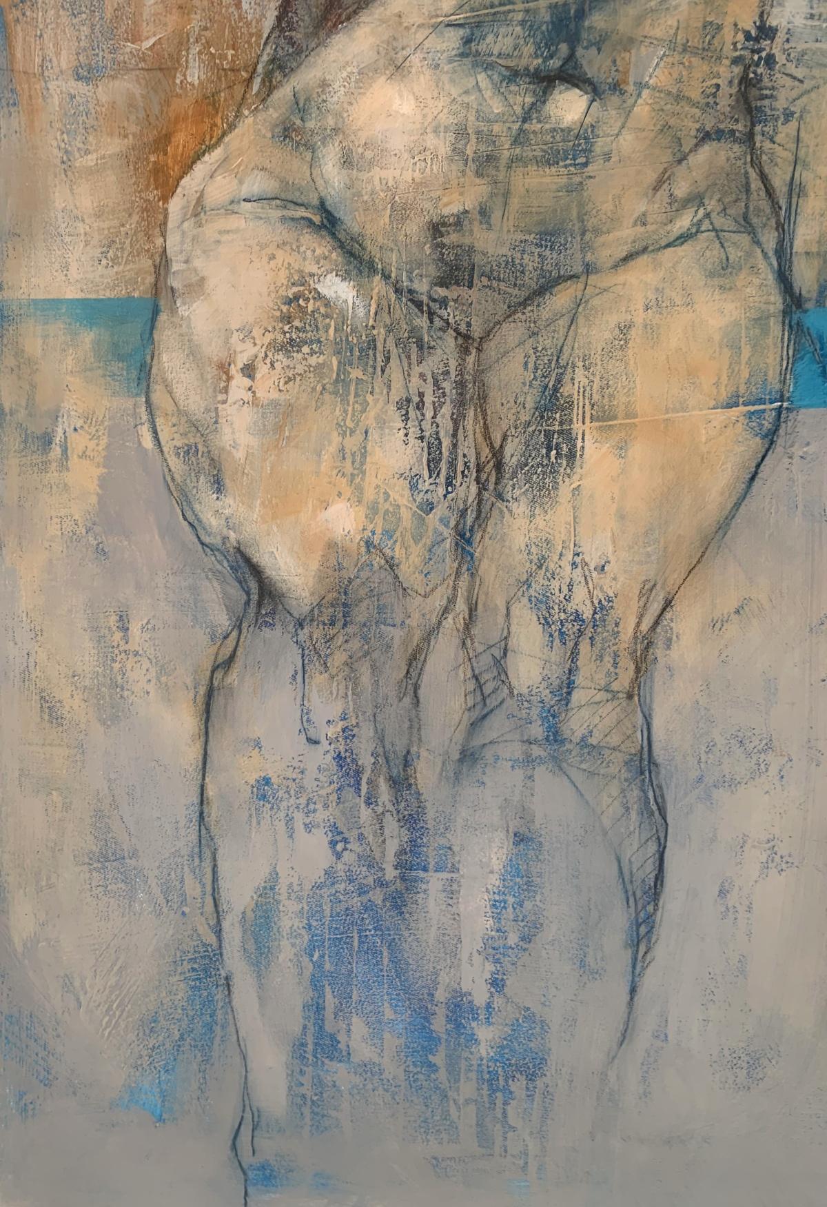Contemporary acrylic on canvas painting depicting nude by Polish artist Michal Bajsarowicz. The artwork is an artistic take on human body with abstract elements. Composition is a sketch-like. Artwork is in beige, blue, purple, red and gray. 

MICHAL