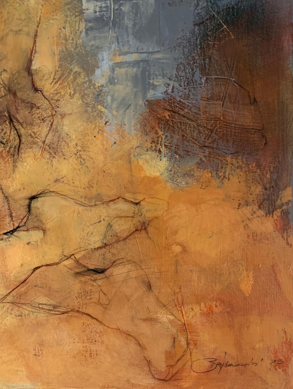 Quadro acrilico contemporaneo raffigurante persone dell'artista polacco Michal Bajsarowicz. Dipinto orizzontale su tela, l'artista ha utilizzato soprattutto grigio, blu, arancione, giallo e oro a foglia. Rappresentazione artistica del corpo umano