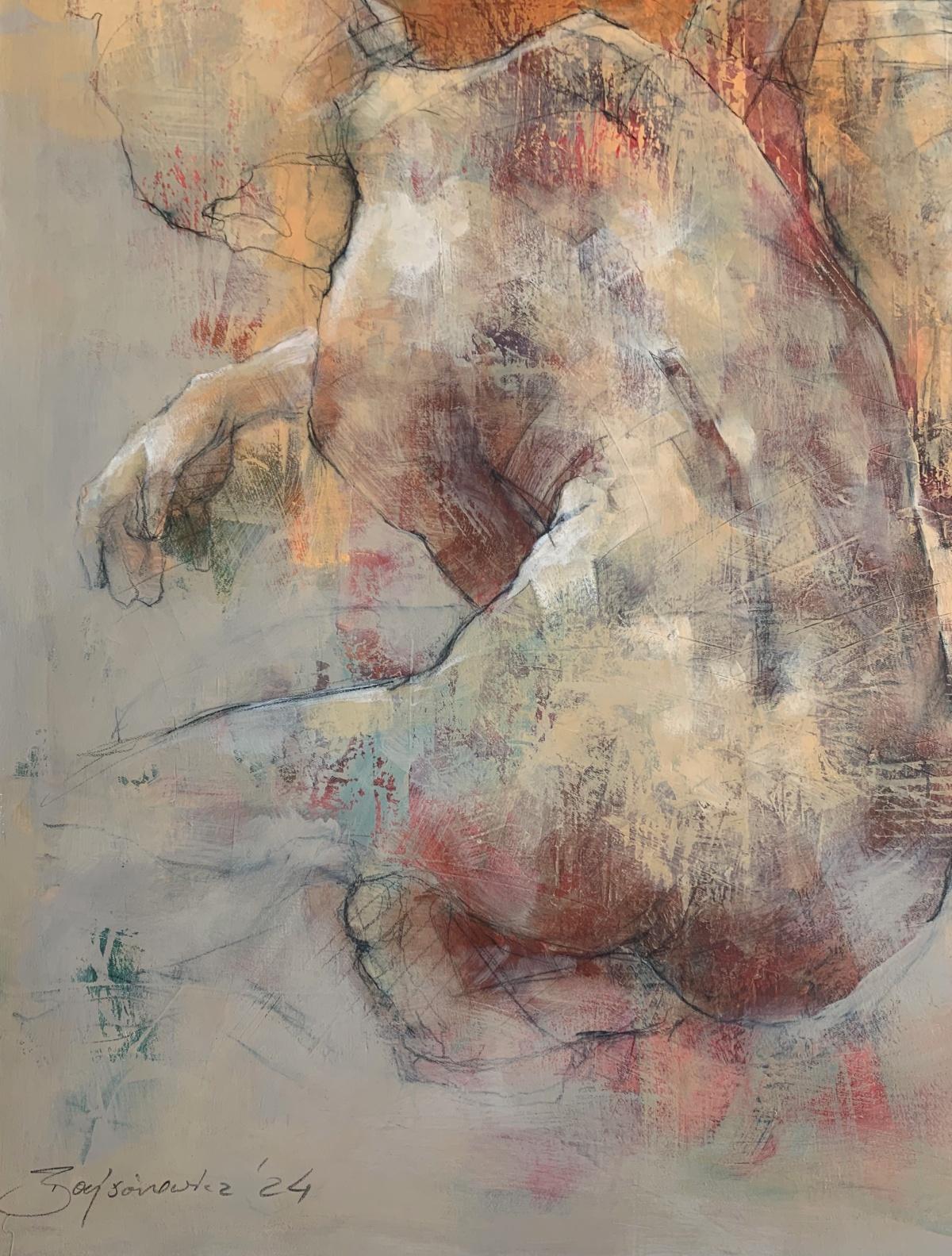 Nudo. Pittura acrilica figurativa e astratta, Corpo, artista polacco - Figurative Painting Marrone di Michał Bajsarowicz
