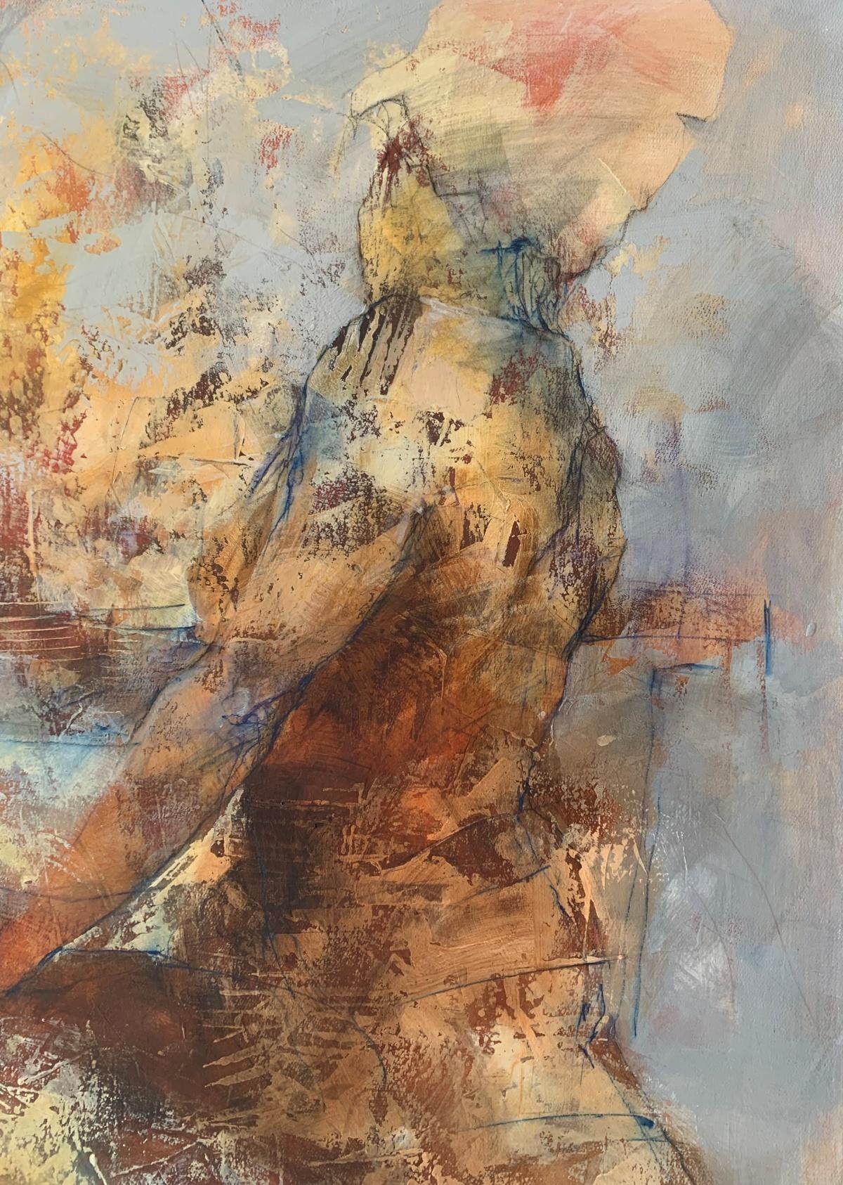 Quadro contemporaneo in acrilico su tela raffigurante un nudo dell'artista polacco Michal Bajsarowicz. L'opera è un'interpretazione artistica del corpo umano con elementi astratti. La composizione è simile a uno schizzo. Le opere d'arte sono in
