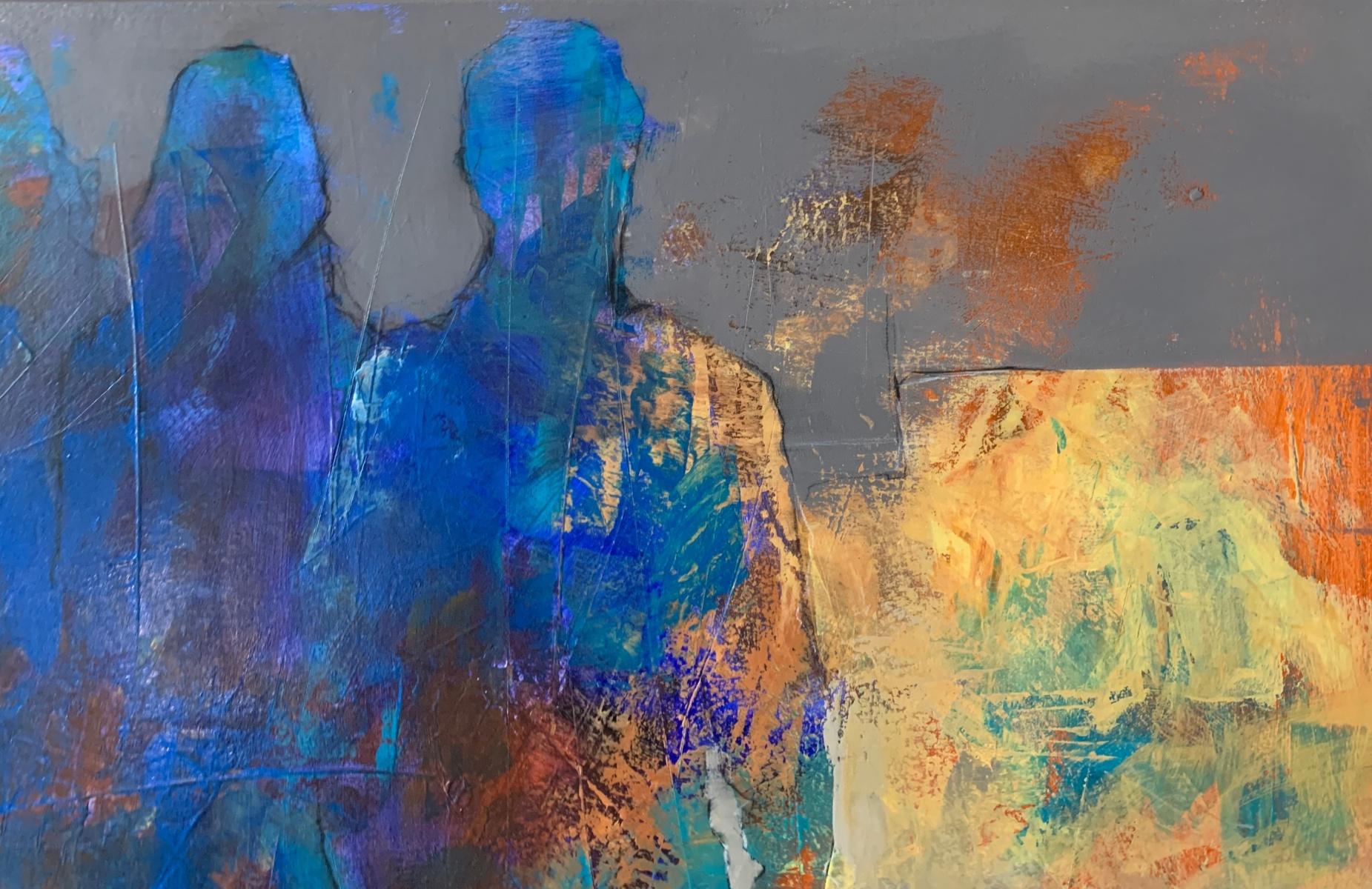 Zeitgenössische Acrylmalerei, die Menschen darstellt, von dem polnischen Künstler Michal Bajsarowicz. Horizontales Gemälde auf Leinwand, der Künstler hat hauptsächlich vier Farben verwendet: grau, orange, blau und gelb. Artistische Darstellung des