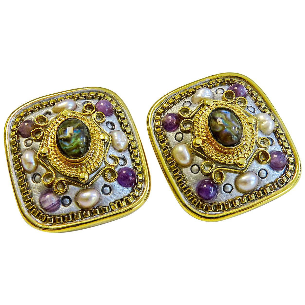 Michal Golan 18 Karat Gold-Plated Gem Stone Clip on Earring For Sale