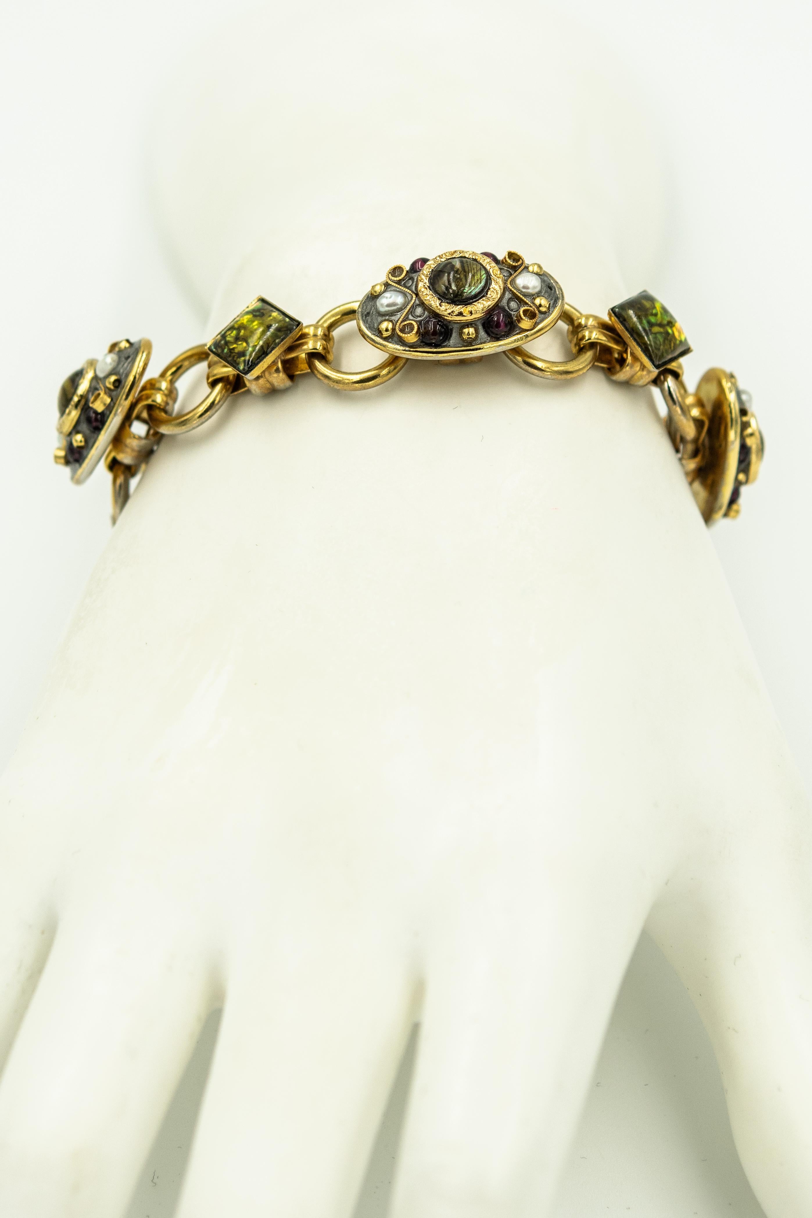 Women's or Men's Michal Golan Brooch Pendant and Bracelet Gemstone Gold-plated Set For Sale