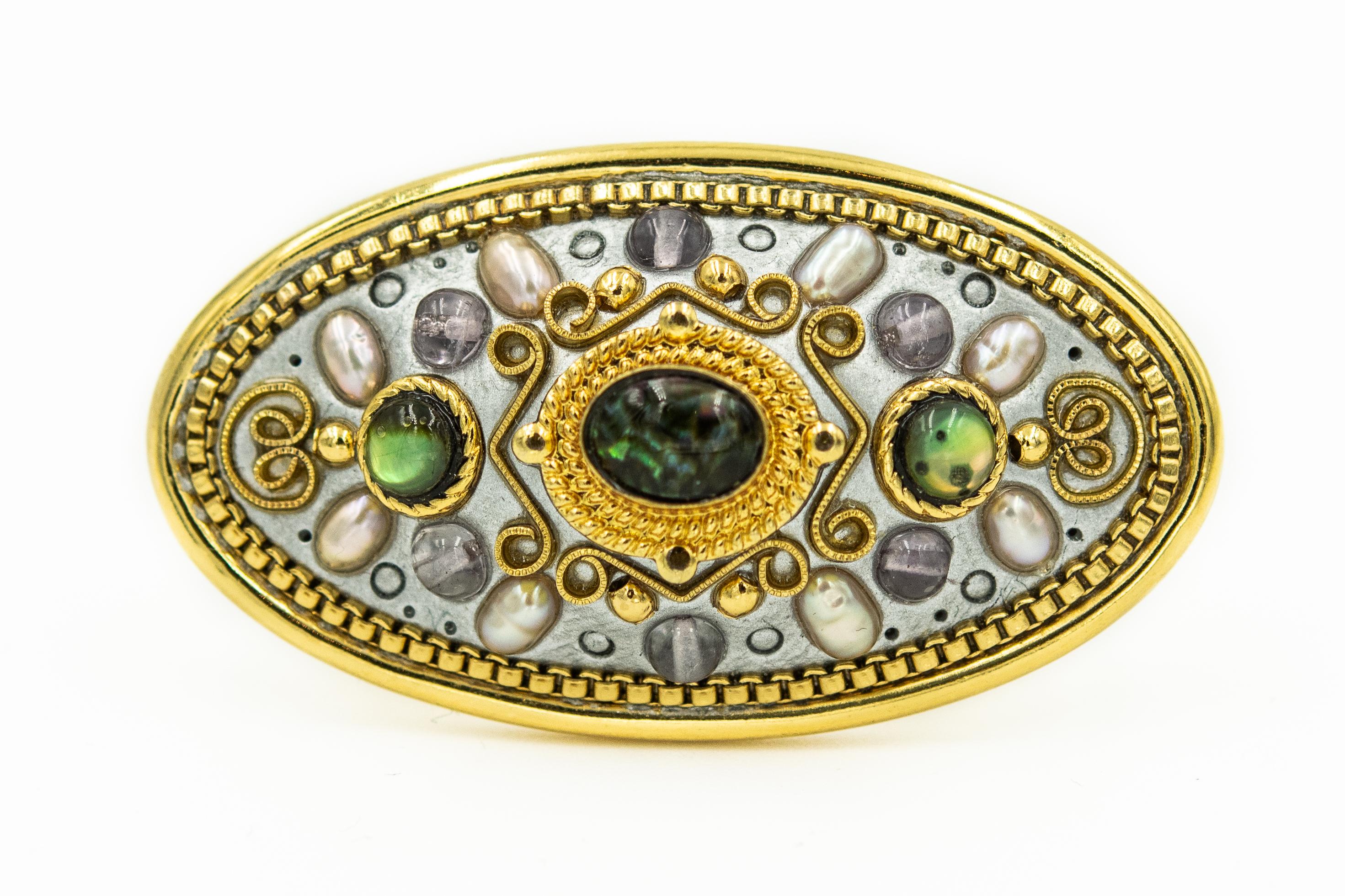 Michal Golan Brooch Pendant and Bracelet Gemstone Gold-plated Set For Sale 1