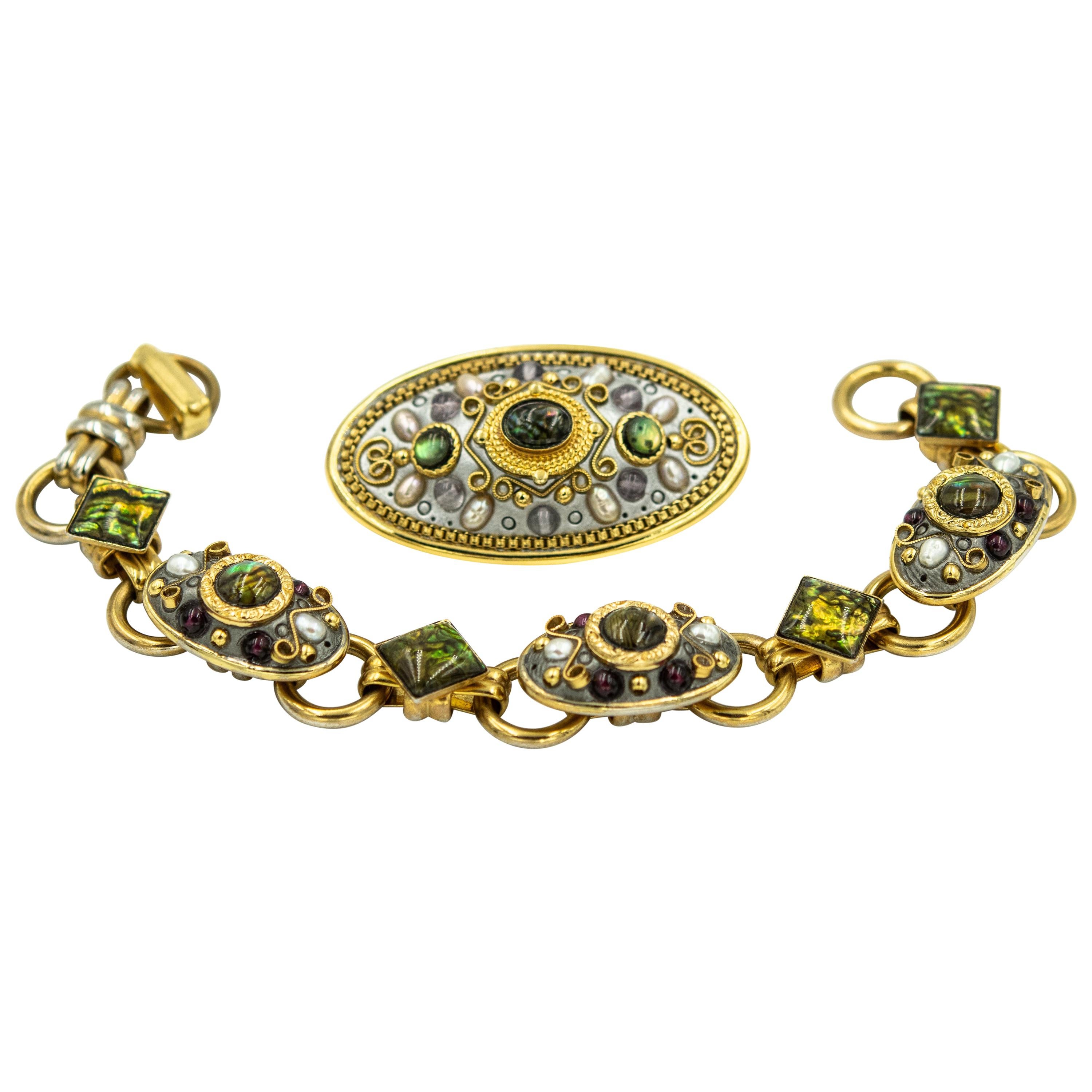 Michal Golan Brooch Pendant and Bracelet Gemstone Gold-plated Set