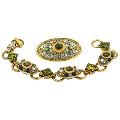 Retro Michal Golan Brooch Pendant and Bracelet Gemstone Gold-plated Set