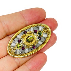 MICHAL GOLAN signed vintage gold tone gemstones pearls designer brooch pendant