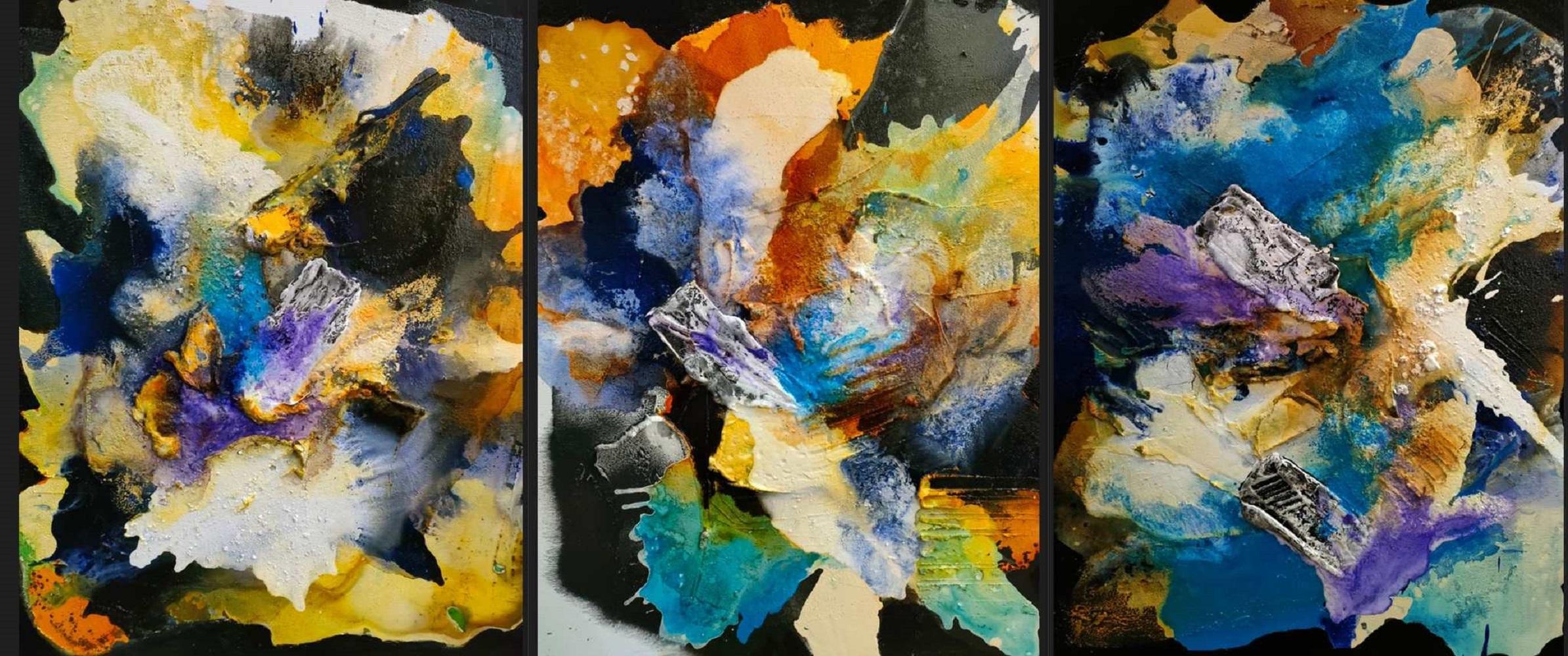Michal Jamiol Abstract Painting - Dance Of Blue Stars Triptych