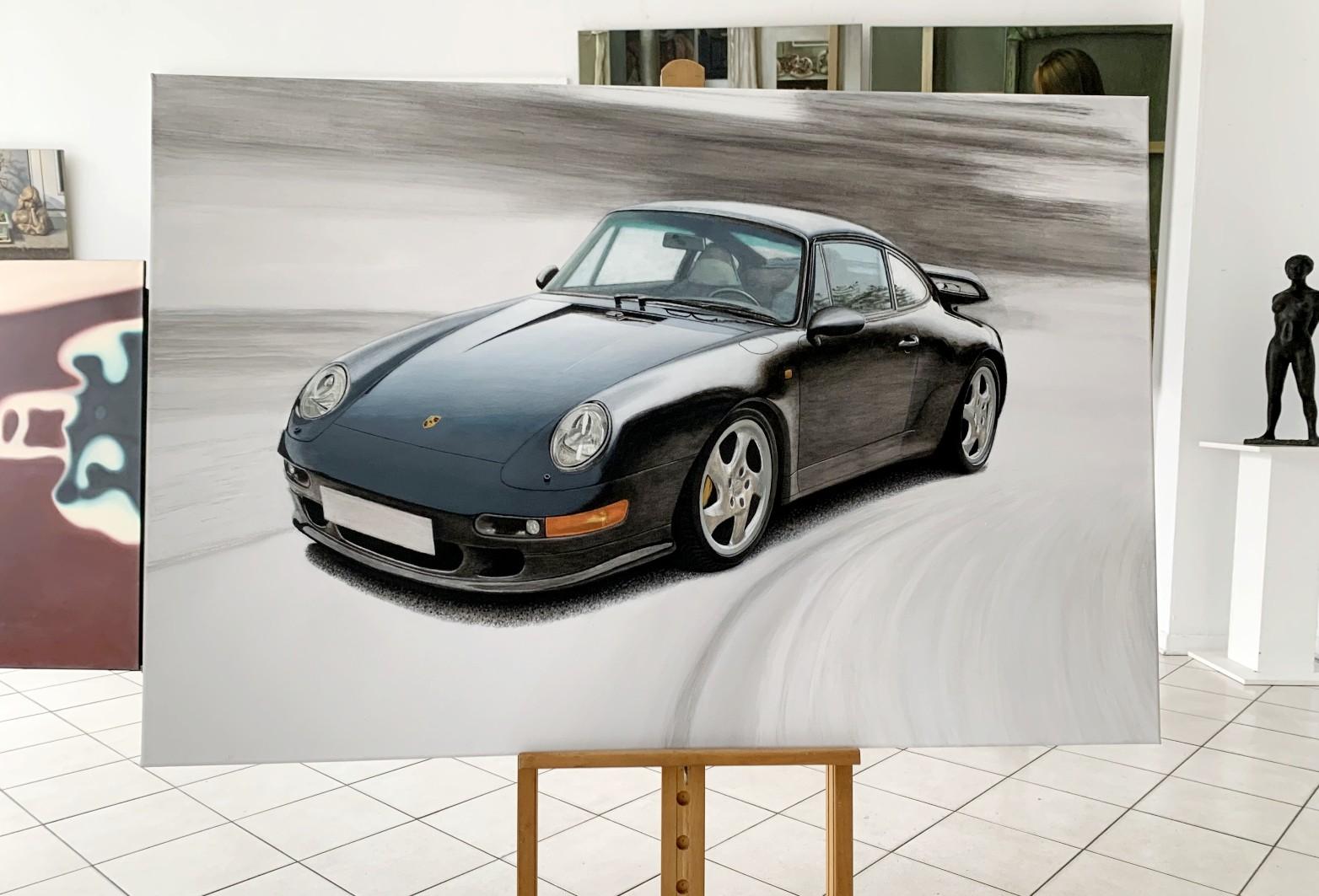 Porsche 993. Zeitgenössische figurative Acrylmalerei, Realistisches Auto, Polnische Kunst – Painting von Michal Wojtysiak