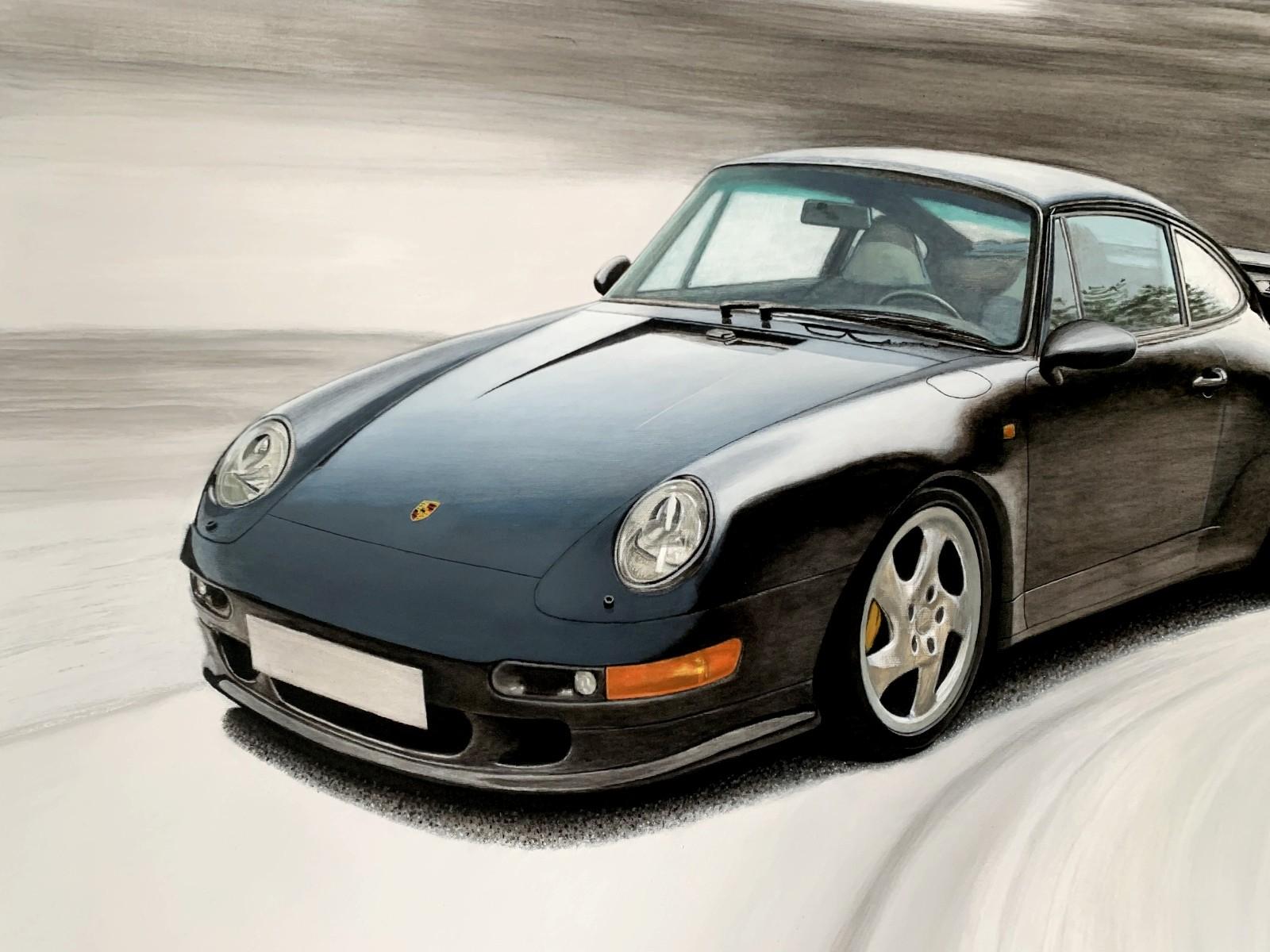 Porsche 993. Zeitgenössische figurative Acrylmalerei, Realistisches Auto, Polnische Kunst im Angebot 1