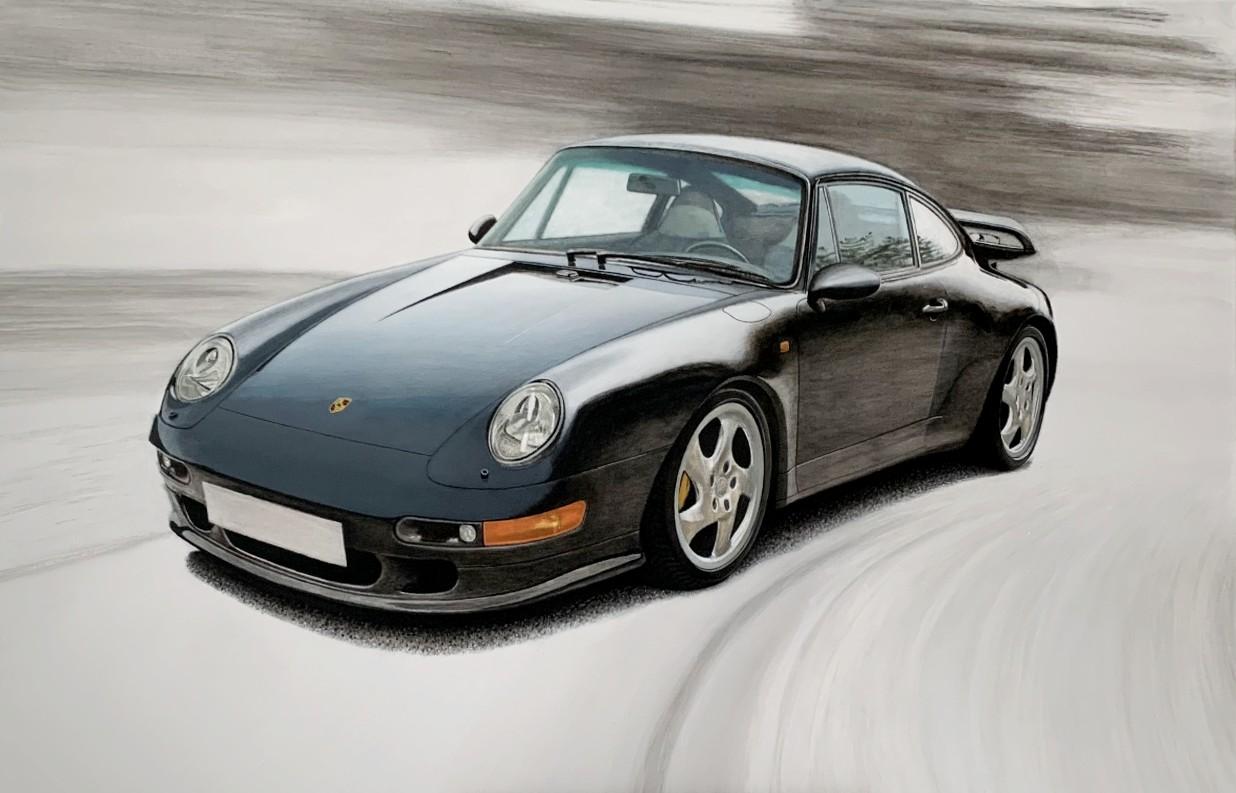 Porsche 993. Zeitgenössische figurative Acrylmalerei, Realistisches Auto, Polnische Kunst