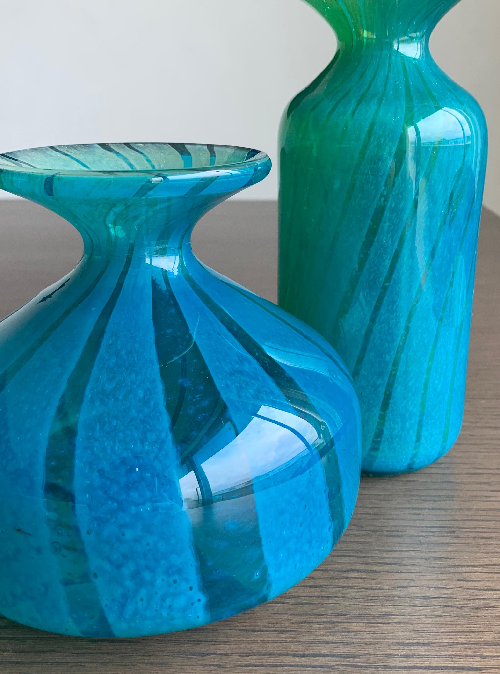 Mid-Century Modern Micheal Harris, Mdina Glass, Turquoise, Ming Pattern, Bottle Vase Pair