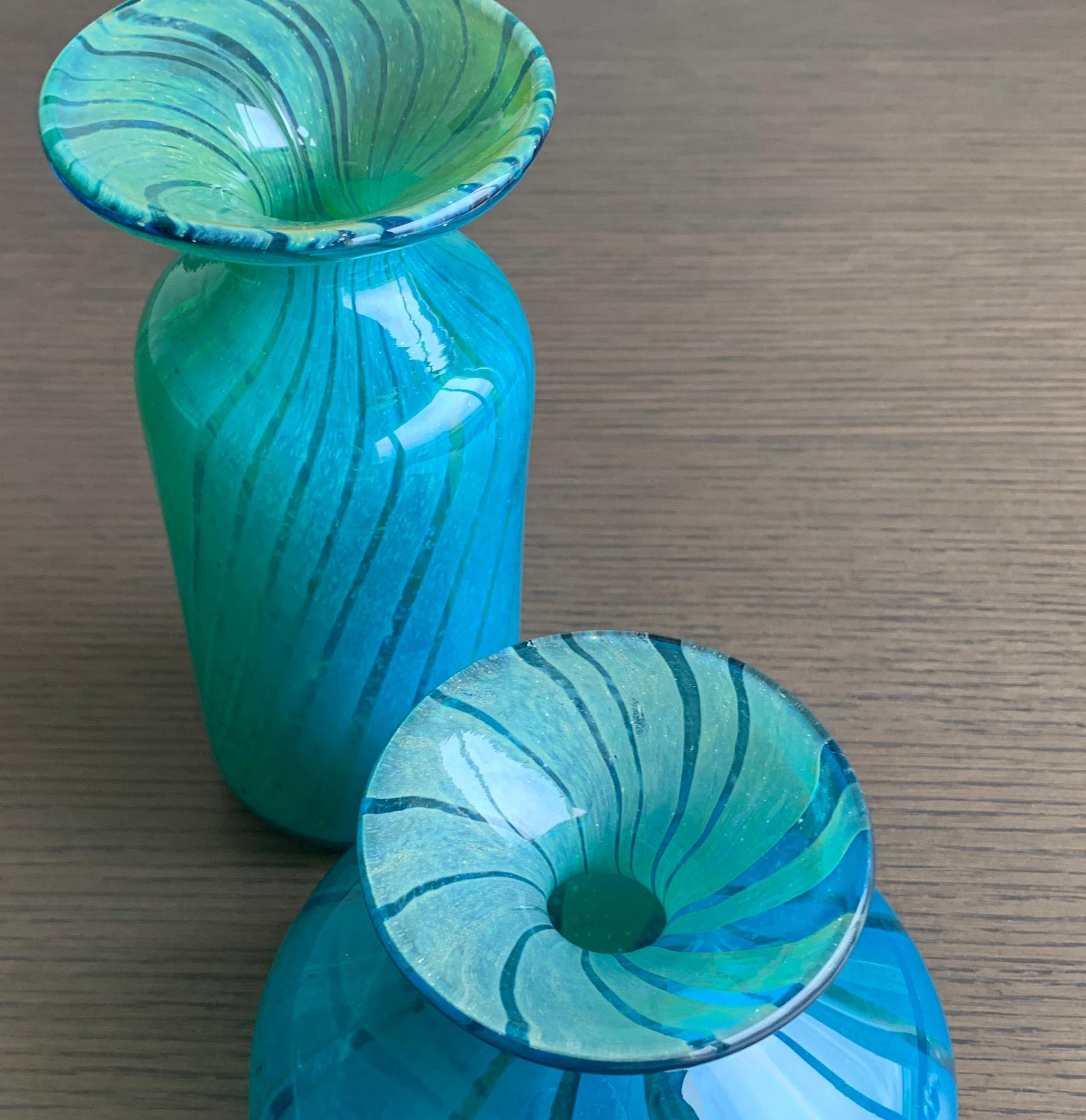 Micheal Harris, Mdina Glass, Turquoise, Ming Pattern, Bottle Vase Pair In Good Condition In Glasgow, GB