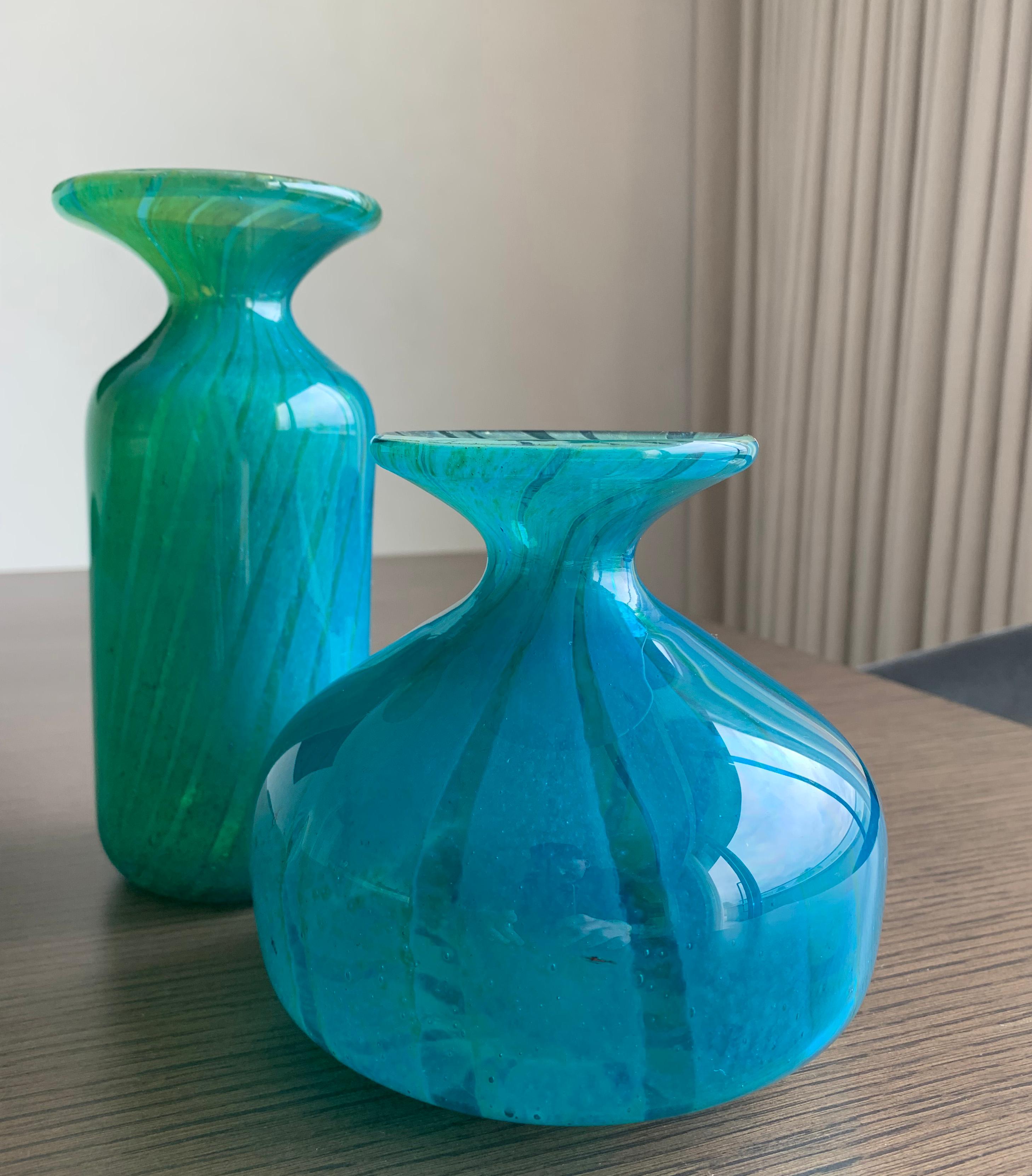 Late 20th Century Micheal Harris, Mdina Glass, Turquoise, Ming Pattern, Bottle Vase Pair