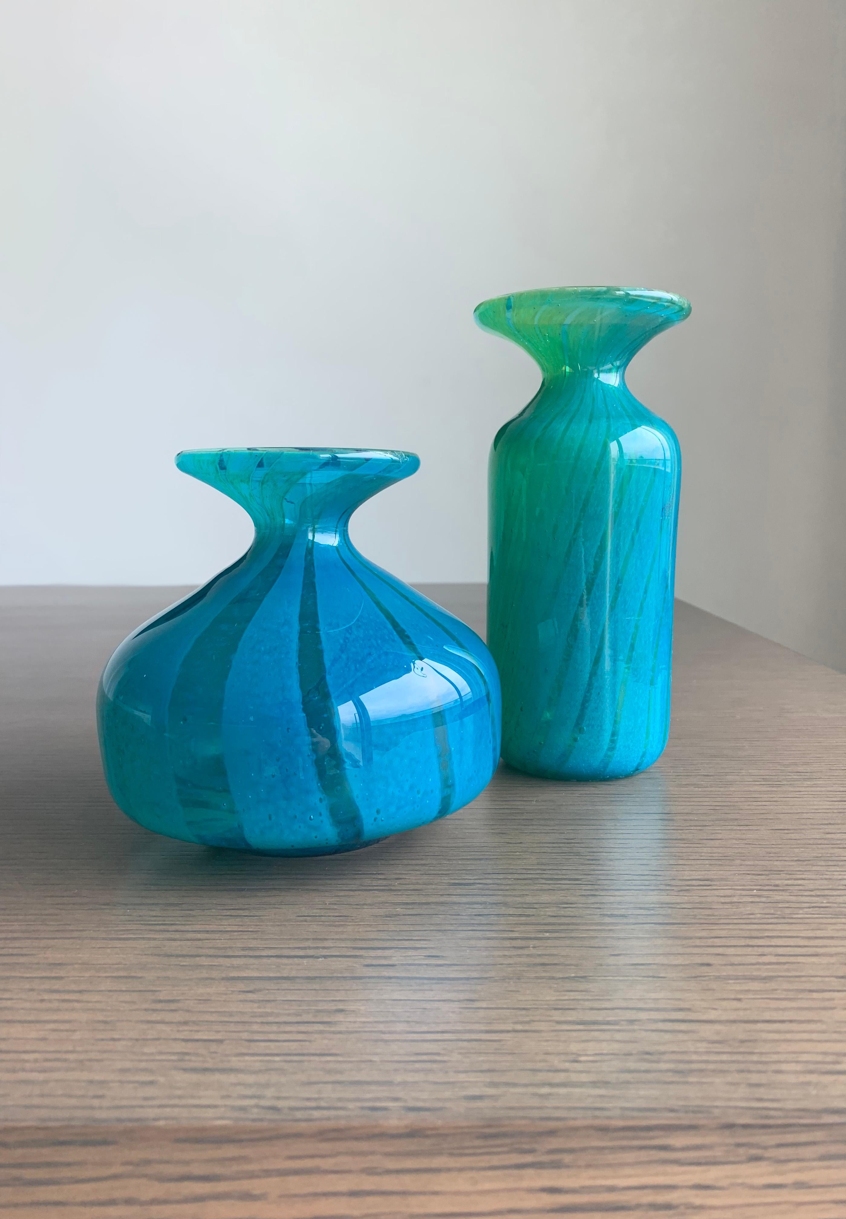 Art Glass Micheal Harris, Mdina Glass, Turquoise, Ming Pattern, Bottle Vase Pair
