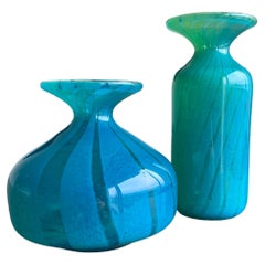 Micheal Harris, Mdina Glass, Turquoise, Ming Pattern, Bottle Vase Pair