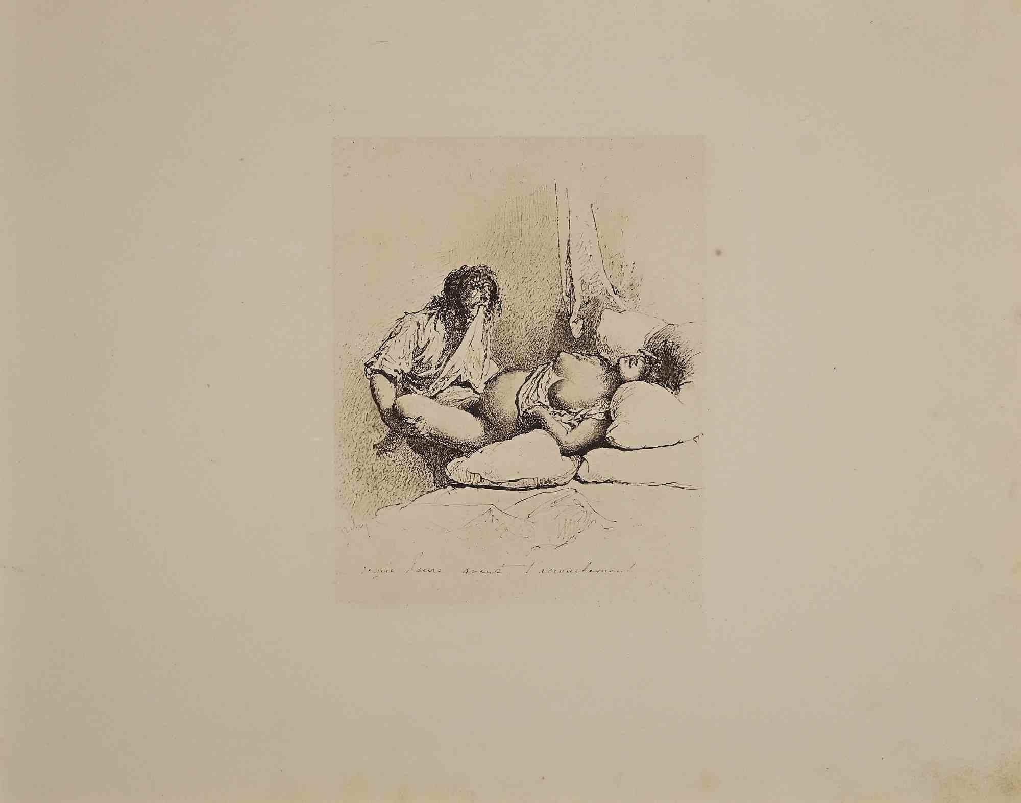 The erotic scene is an original Héliogravure on ivory-colored paper, realized by Micheal Von Zichy in 1911.  Limited edition of in only 300 copies, Leipzig; Privatdruck, from the Catalogue "Liebe" (Dear), Text in German on the plate,  The drawing