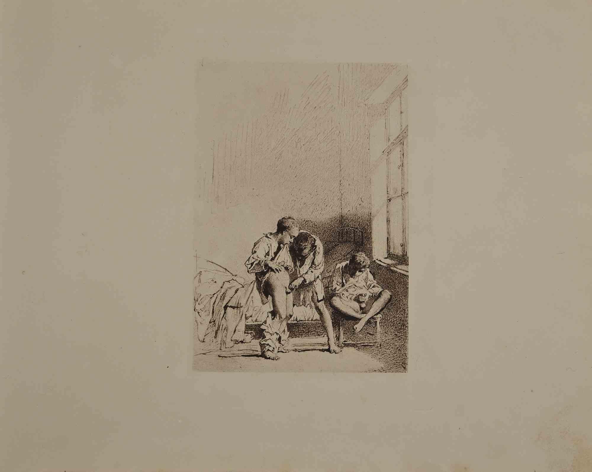 Erotic scene is an original Héliogravure artwork on ivory-colored paper, realized by Micheal Von Zichy in 1911.  Printed in only 300 copies, Leipzig; Privatdruck, from the Catalogue "Liebe" (Dear), Text in German on the plate,  The drawing created