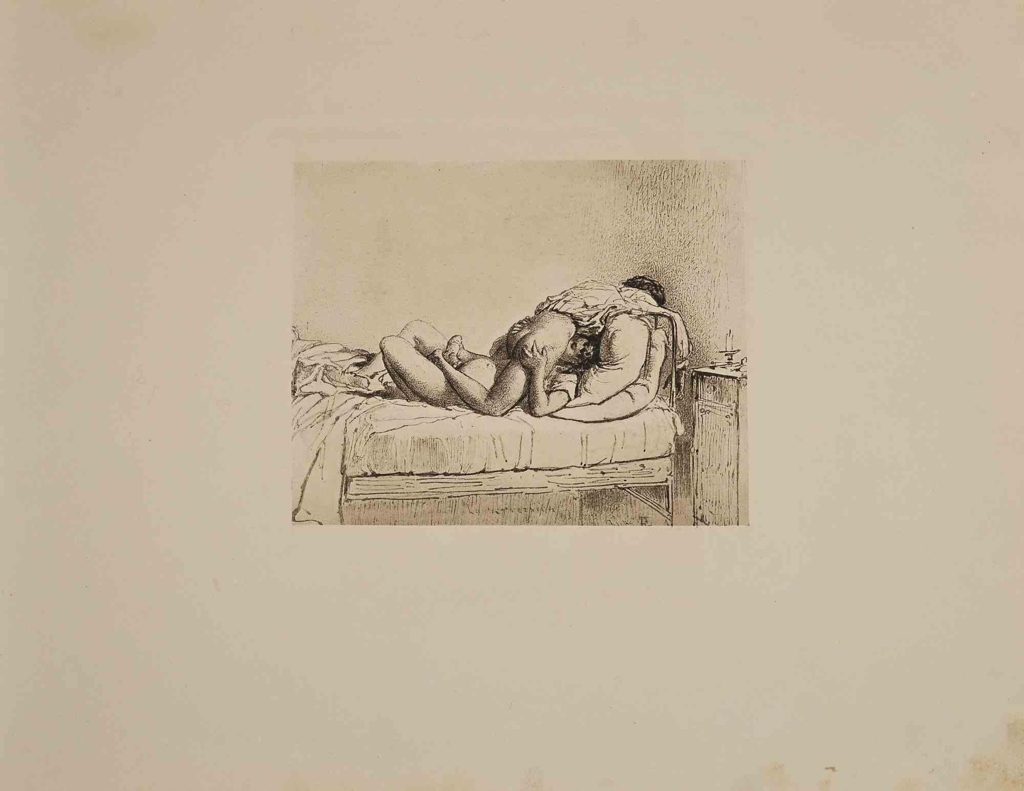 Die erotische Szene ist ein Original-Héliogravure-Kunstwerk auf elfenbeinfarbenem Papier, das 1911 von Michael von Zichy geschaffen wurde.  Gedruckt in nur 300 Exemplaren, Leipzig; Privatdruck, aus dem Katalog "Liebe", Text in Deutsch auf der