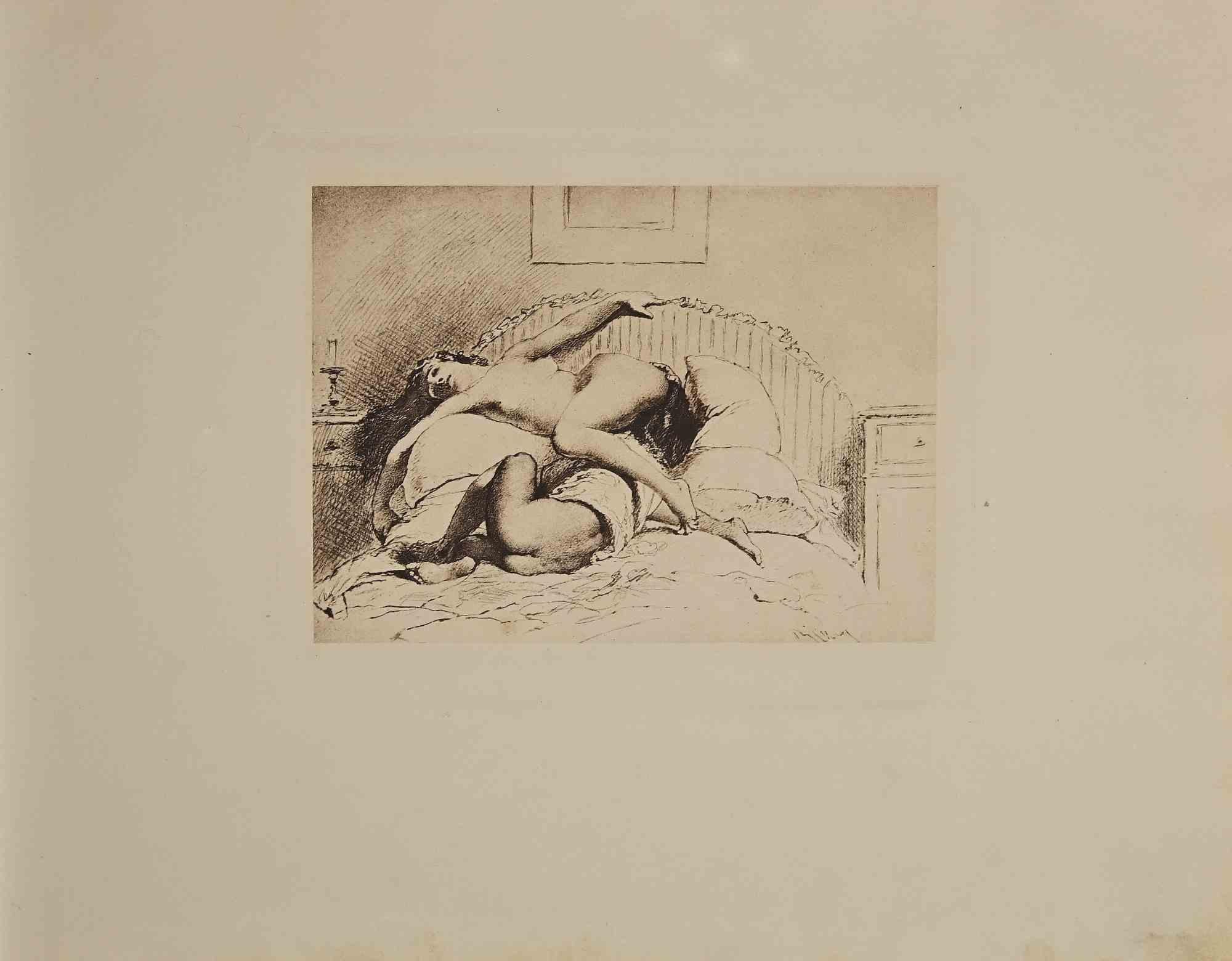 Escena erótica es una obra de arte original en heliograbado sobre papel color marfil, realizada por Micheal Von Zichy en 1911.  Impreso en sólo 300 ejemplares, Leipzig; Privatdruck, del Catálogo "Liebe" (Querida), Texto en alemán en la placa,  El
