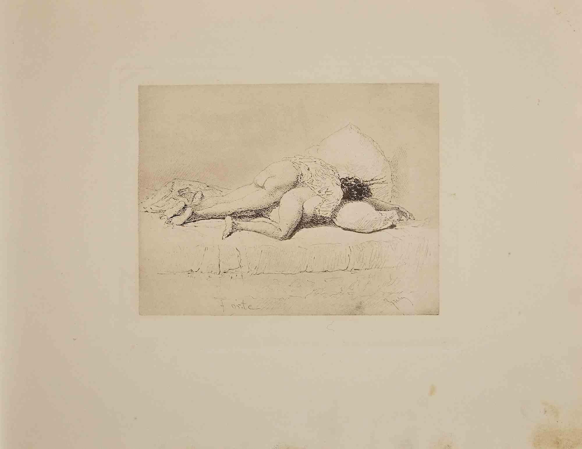 Erotic scene is an original Héliogravure artwork on ivory-colored paper, realized by Micheal Von Zichy in 1911.  Printed in only 300 copies, Leipzig; Privatdruck, from the Catalogue "Liebe" (Dear), Text in German on the plate,  The drawing created