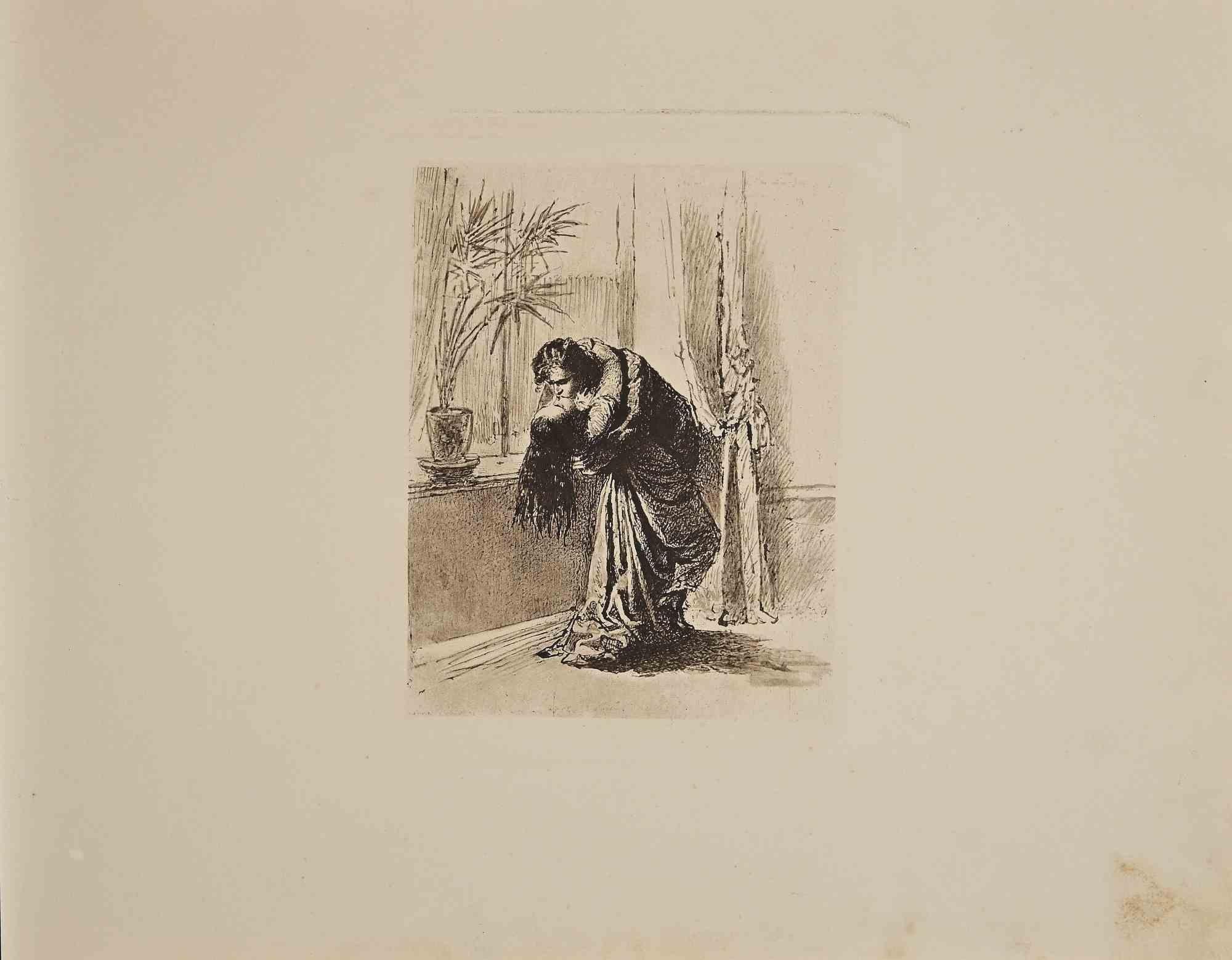 Erotic scene is an original Héliogravure artwork on ivory-colored paper, realized by Micheal Von Zichy in 1911.  Printed in only 300 copies, Leipzig; Privatdruck, from the Catalogue "Liebe" (Dear), Text in German on the plate,  The drawing created