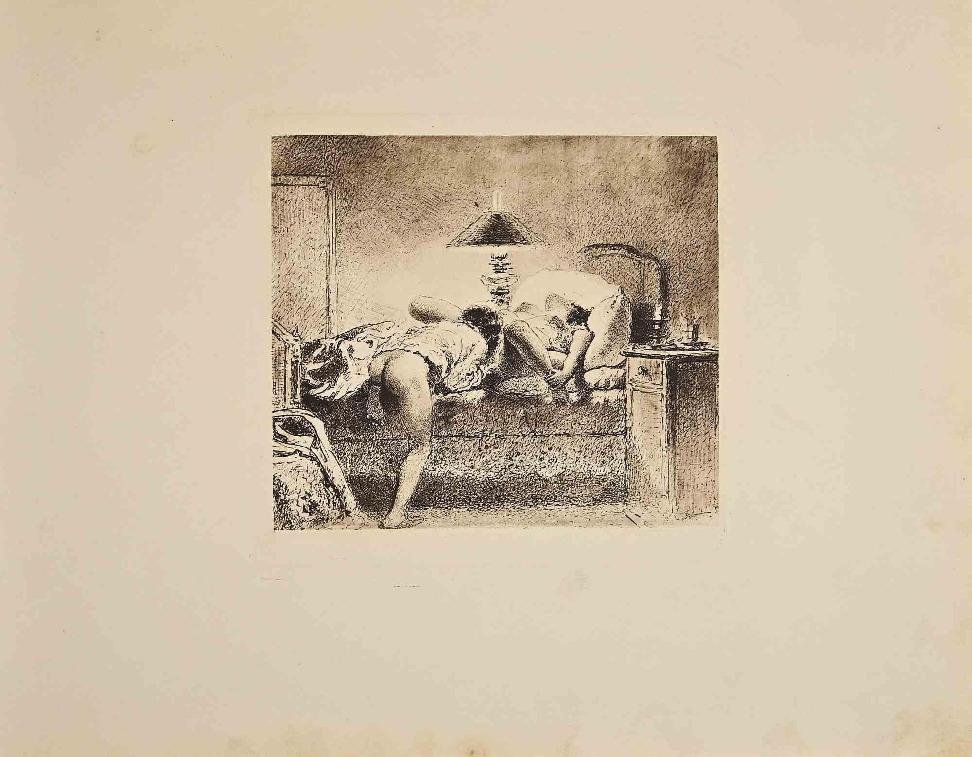Erotic scene is an original Héliogravure artwork on ivory-colored paper, realized by Micheal Von Zichy in 1911.  Printed in only 300 copies, Leipzig; Privatdruck, from the Catalogue "Liebe" (Dear), Text in German on the plate,  The drawing created