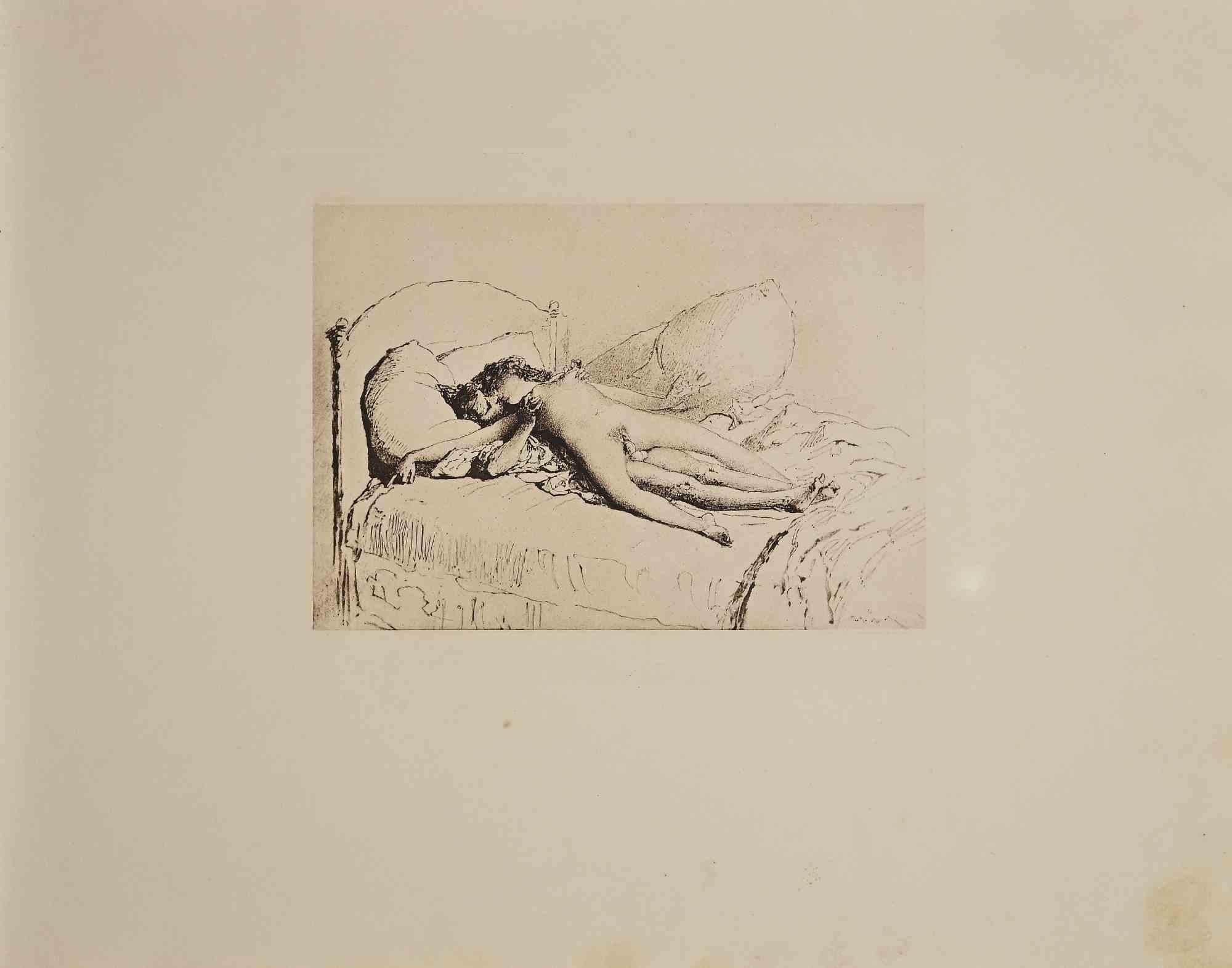Escena erótica es una obra de arte original en heliograbado sobre papel color marfil, realizada por Micheal Von Zichy en 1911.  Impreso en sólo 300 ejemplares, Leipzig; Privatdruck, del Catálogo "Liebe" (Querida), Texto en alemán en la placa,  El