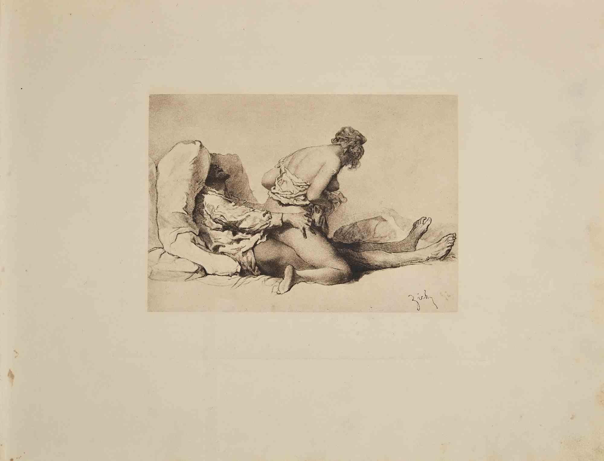 Erotic scene is an original Héliogravure artwork on ivory-colored paper, realized by Micheal Von Zichy in 1911.  Printed in only 300 copies, Leipzig; Privatdruck, from the Catalogue "Liebe" (Dear), Text in German on the plate,  The drawing created