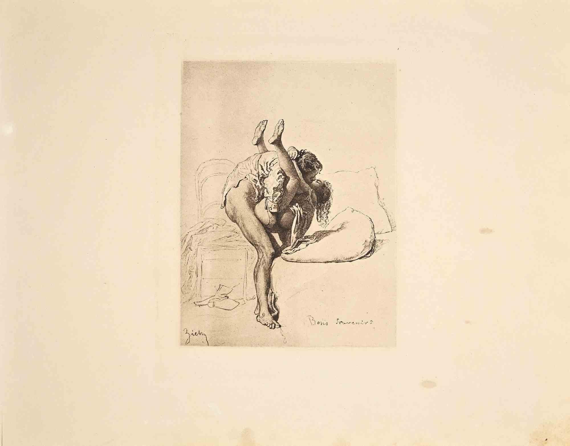 Die erotische Szene ist ein Original-Héliogravure-Kunstwerk auf elfenbeinfarbenem Papier, das 1911 von Michael von Zichy geschaffen wurde.  Gedruckt in nur 300 Exemplaren, Leipzig; Privatdruck, aus dem Katalog "Liebe", Text in Deutsch auf der