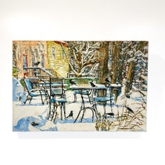 Wintering Crows, Winter urban landscape with birds, watercolor on a Birch Panel