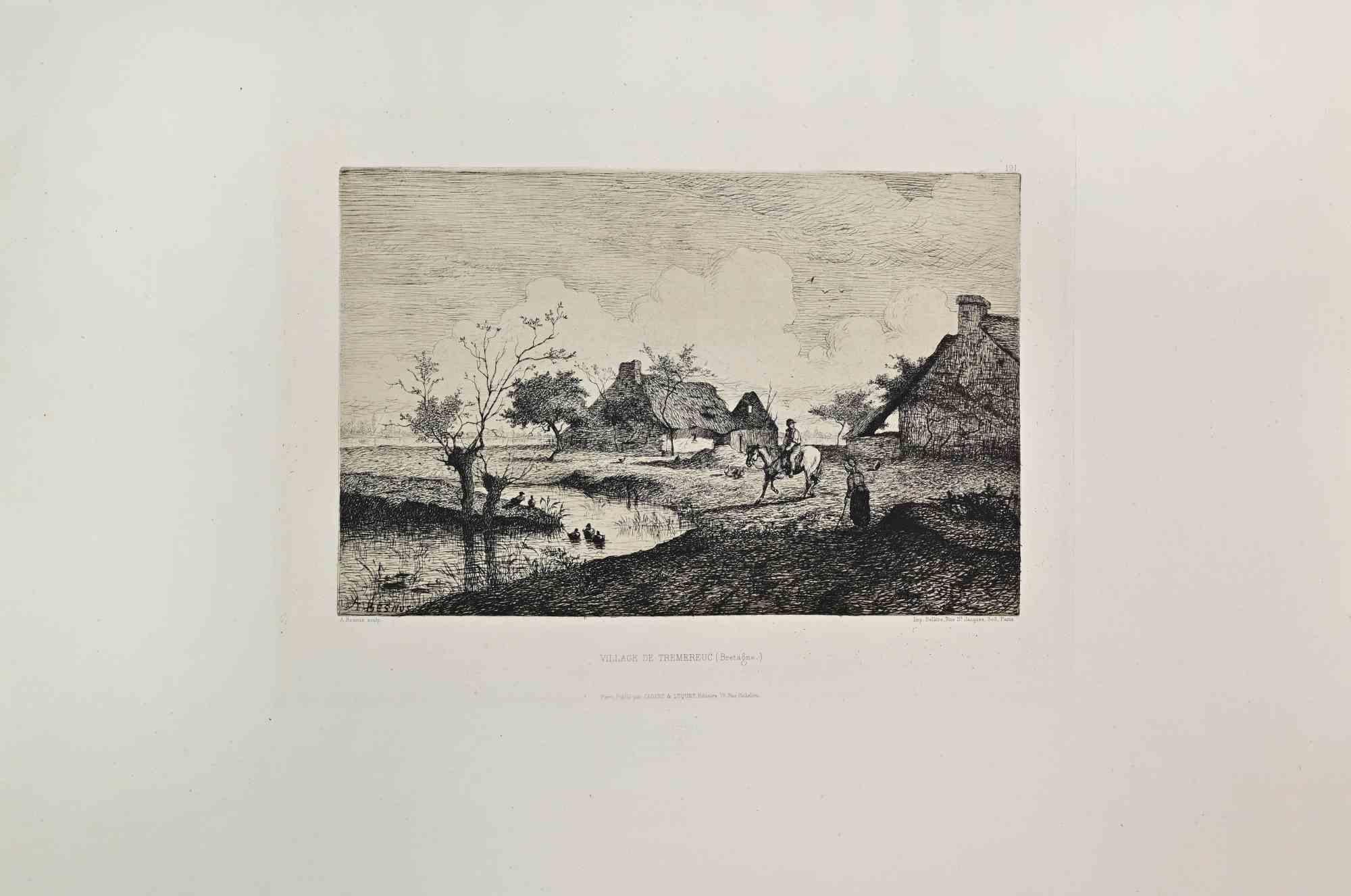 Village de Tremereuc is a black and White etching realized by Michel-Amédée Besnus in the 1860s. 

Titled in the lower.

Image size: 23x32.

Very good impression with wide margins and a very fresh inking.

Realized for the "Société des